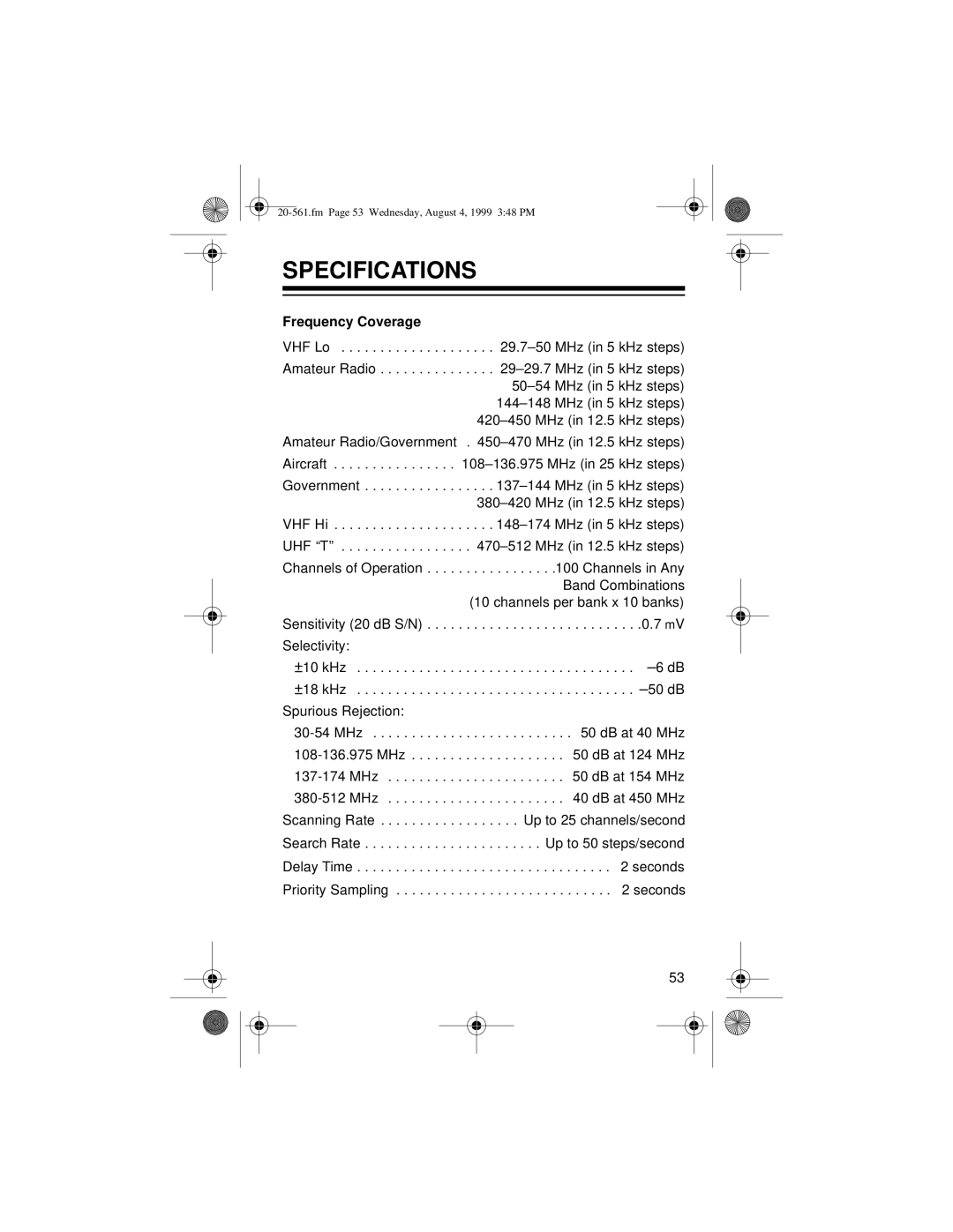 Radio Shack PRO-63 owner manual Specifications, Frequency Coverage 