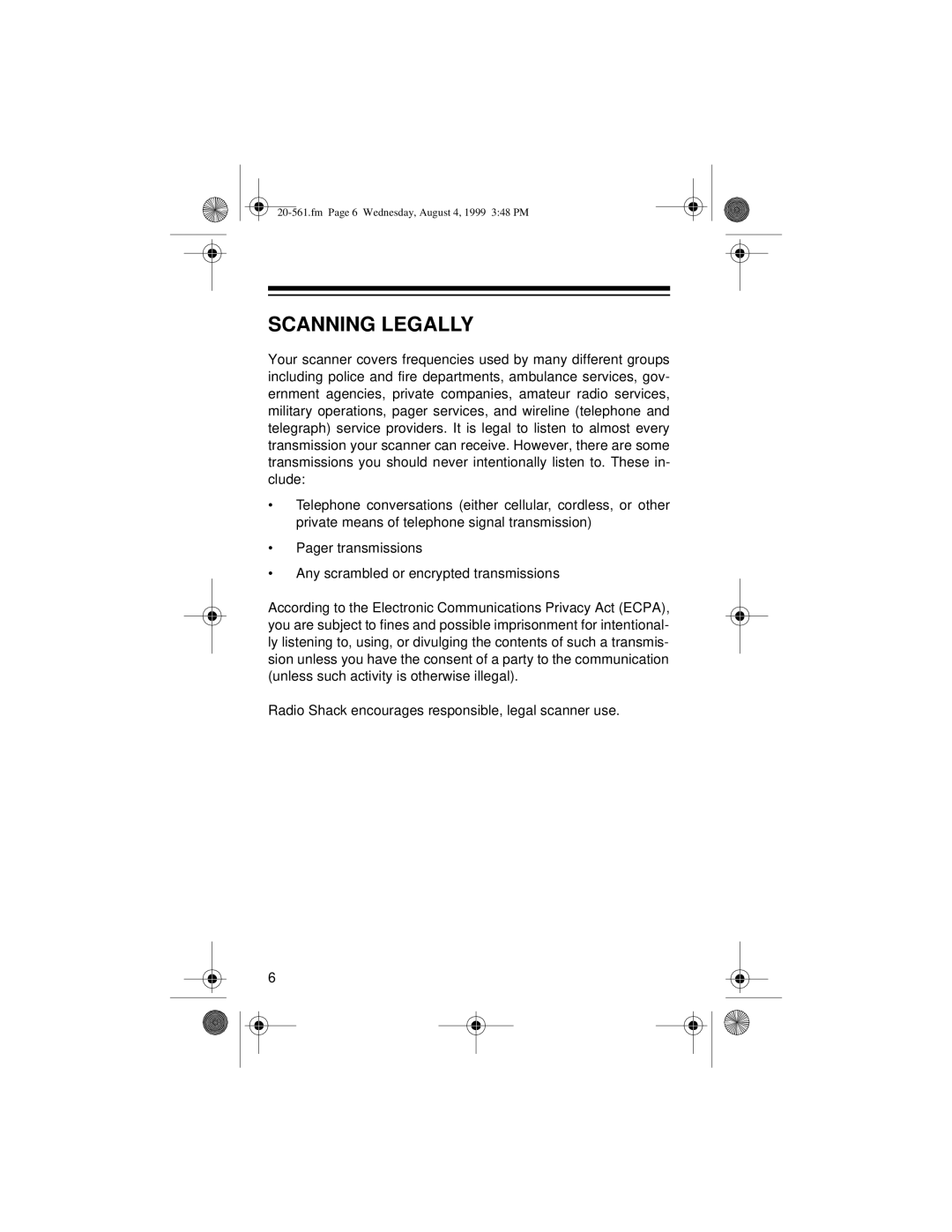 Radio Shack PRO-63 owner manual Scanning Legally 