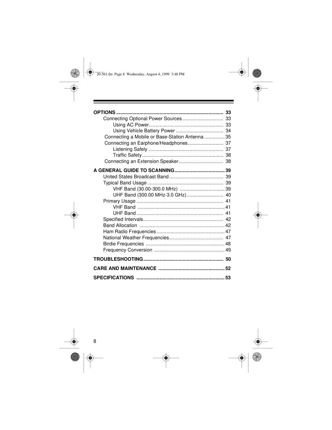 Radio Shack PRO-63 owner manual Troubleshooting Care and Maintenance Specifications 