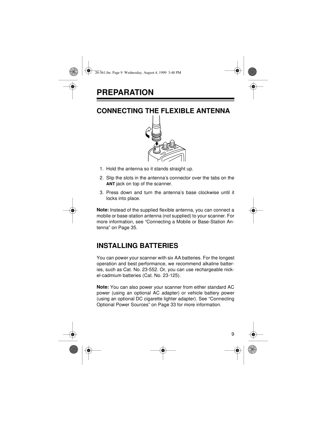 Radio Shack PRO-63 owner manual Preparation, Connecting the Flexible Antenna, Installing Batteries 