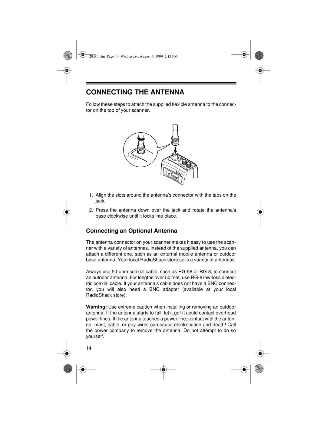 Radio Shack PRO-66 owner manual Connecting the Antenna, Connecting an Optional Antenna 