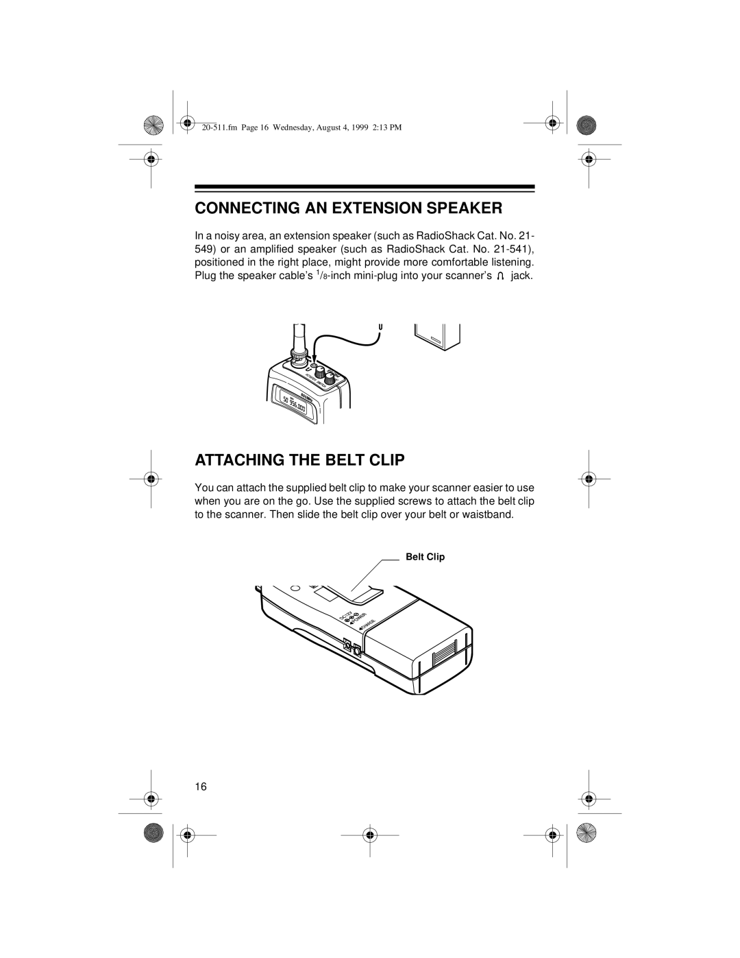 Radio Shack PRO-66 owner manual Connecting AN Extension Speaker, Attaching the Belt Clip 