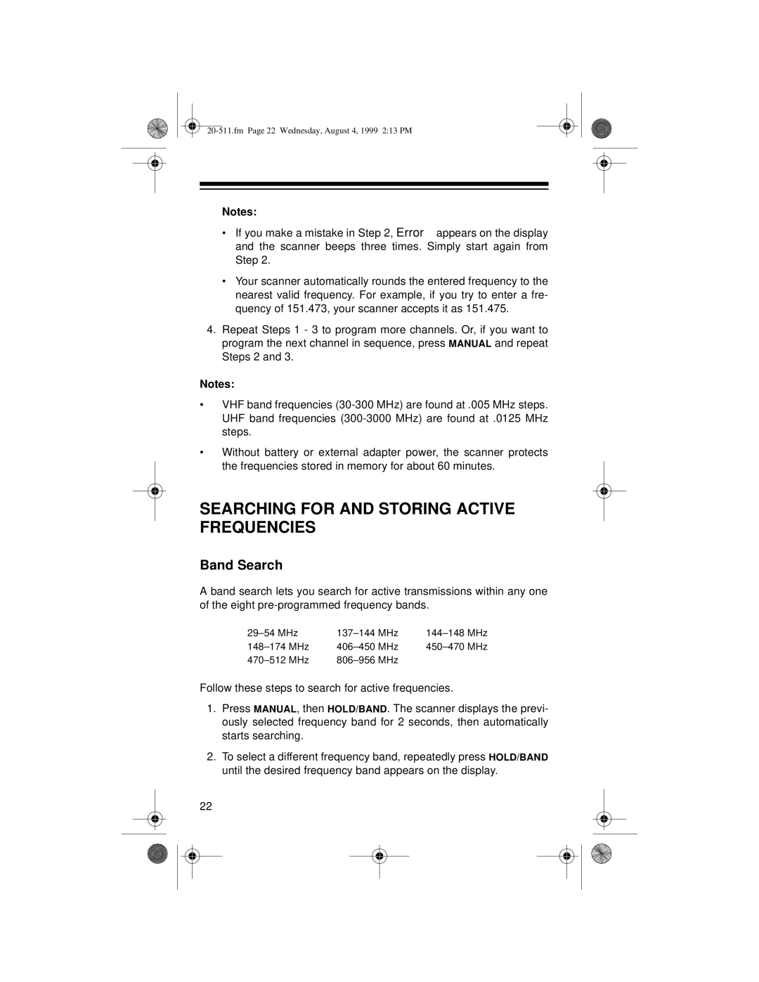 Radio Shack PRO-66 owner manual Searching for and Storing Active Frequencies, Band Search 