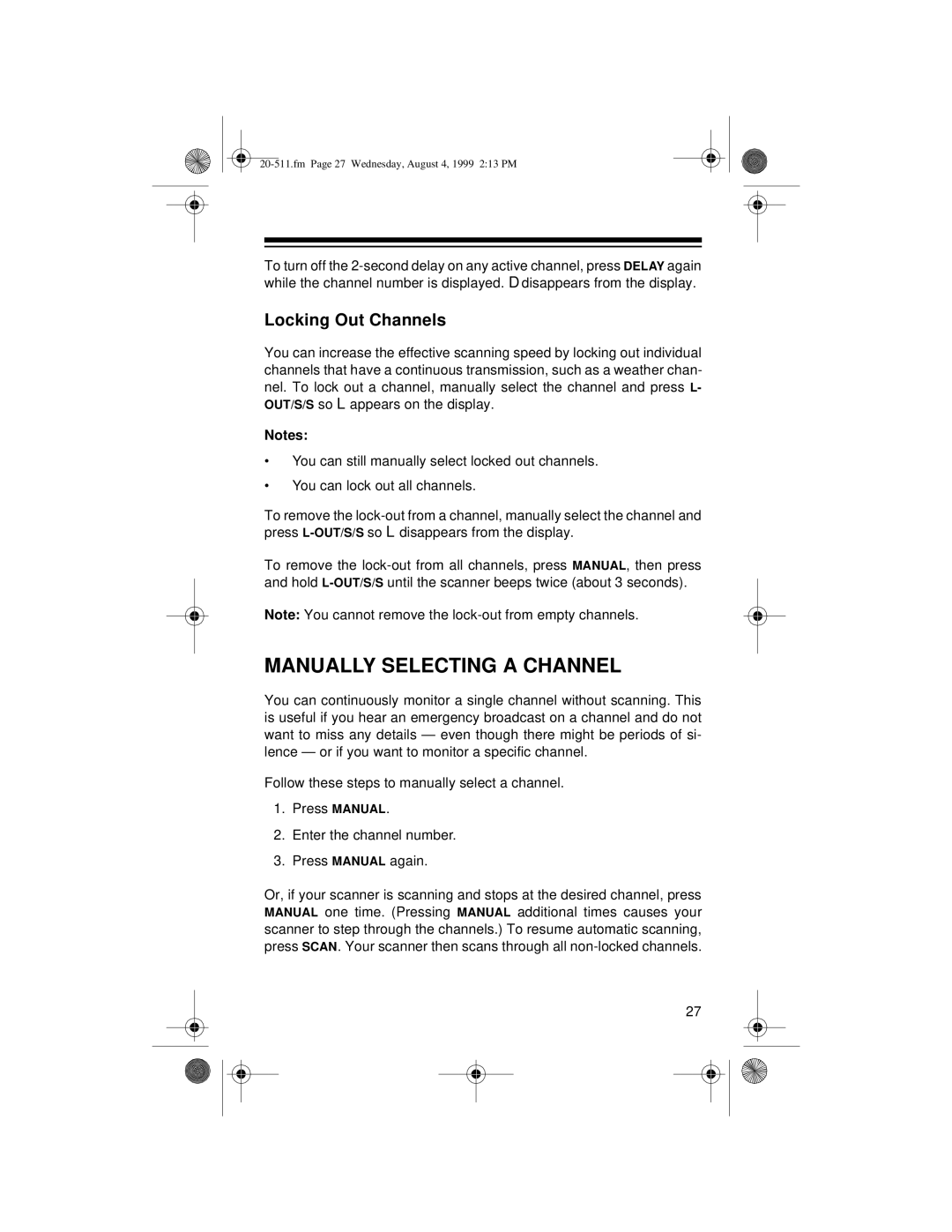 Radio Shack PRO-66 owner manual Manually Selecting a Channel, Locking Out Channels 