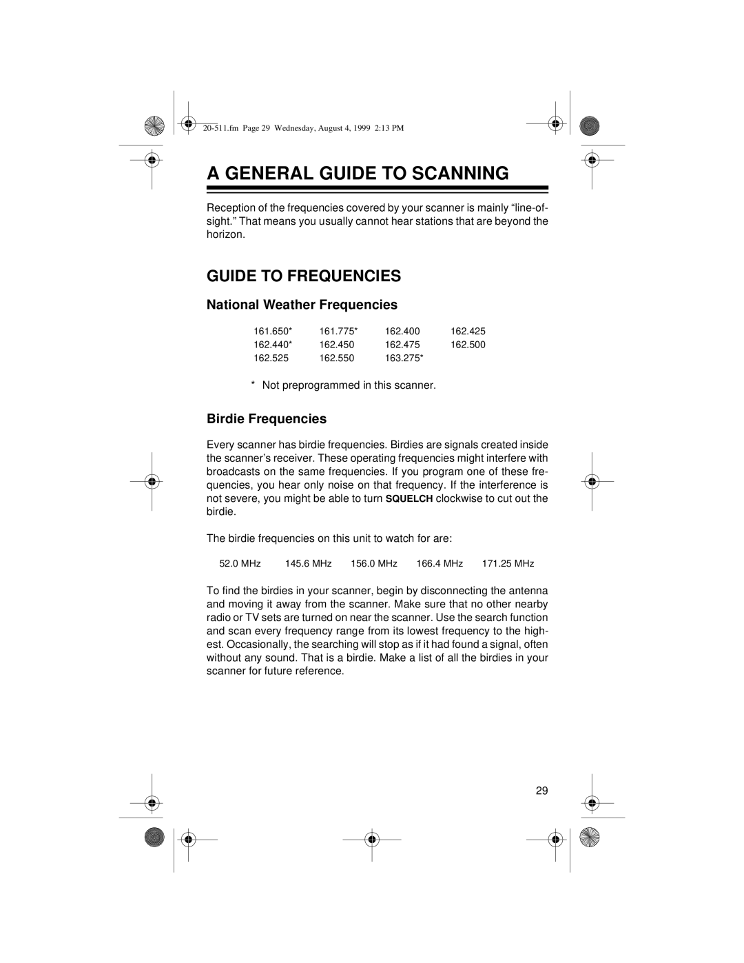 Radio Shack PRO-66 General Guide to Scanning, Guide to Frequencies, National Weather Frequencies, Birdie Frequencies 