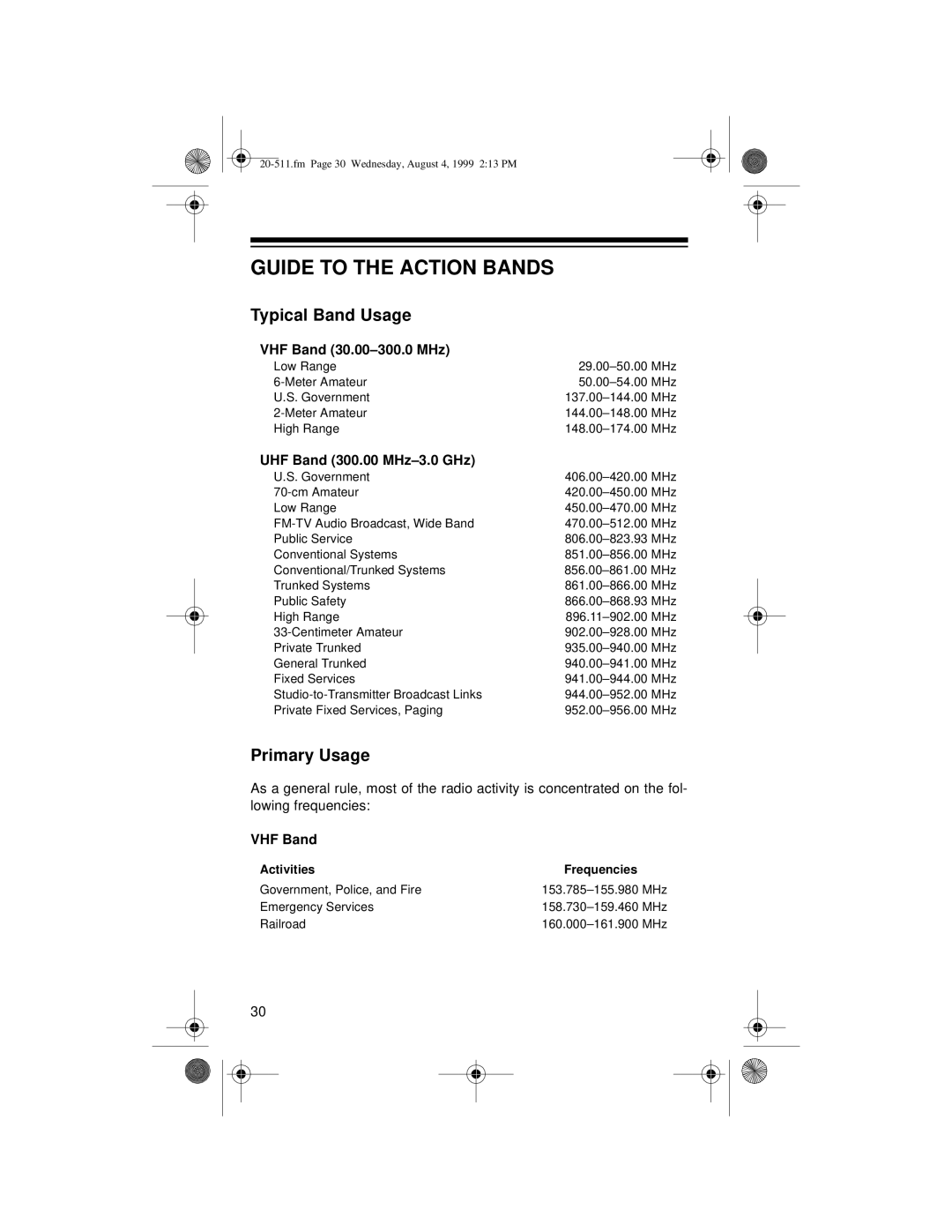 Radio Shack PRO-66 owner manual Guide to the Action Bands, Typical Band Usage, Primary Usage 