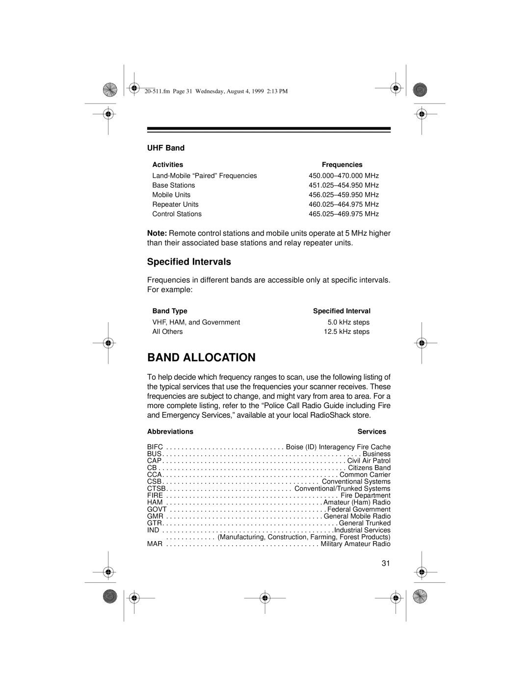 Radio Shack PRO-66 owner manual Band Allocation, Specified Intervals 