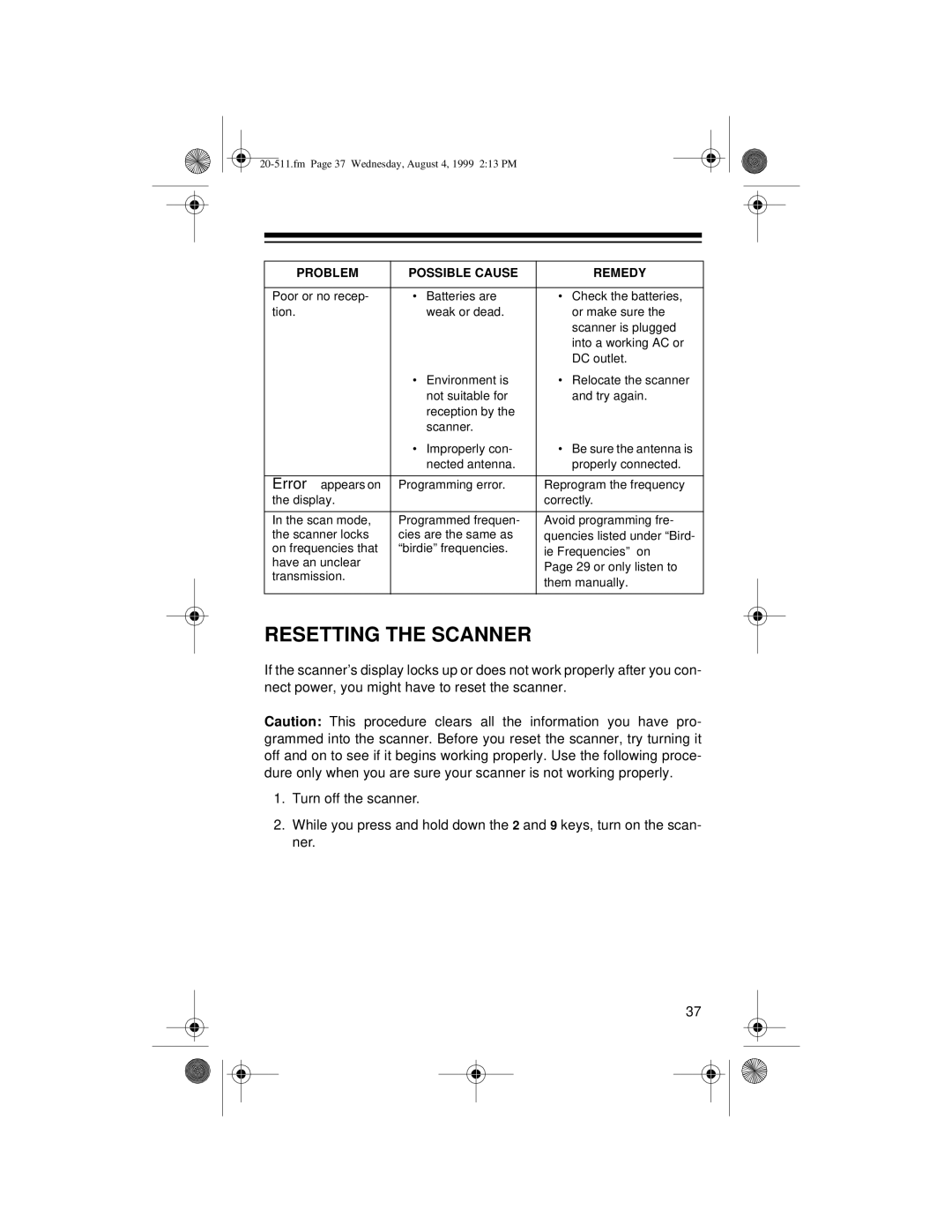 Radio Shack PRO-66 owner manual Resetting the Scanner 