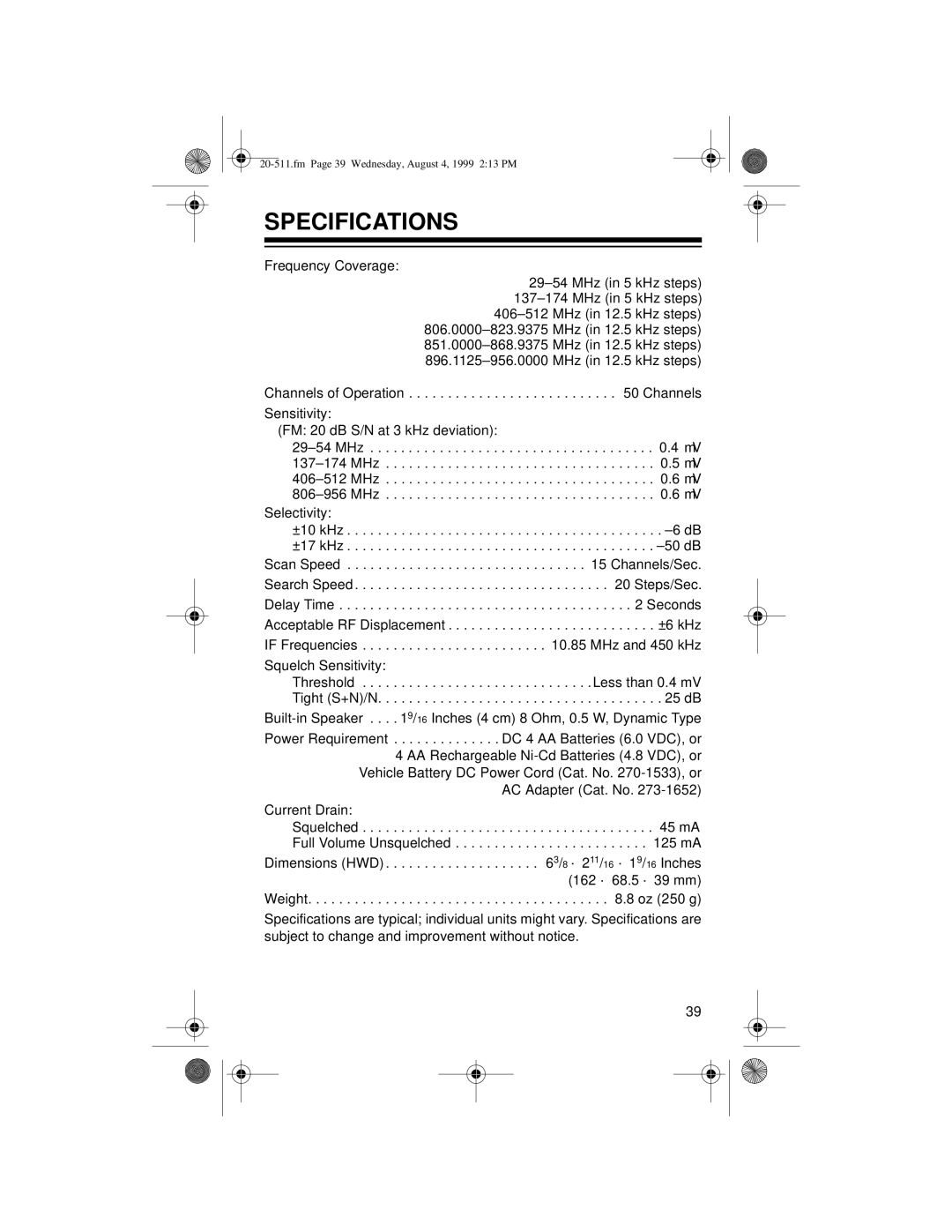 Radio Shack PRO-66 owner manual Specifications 