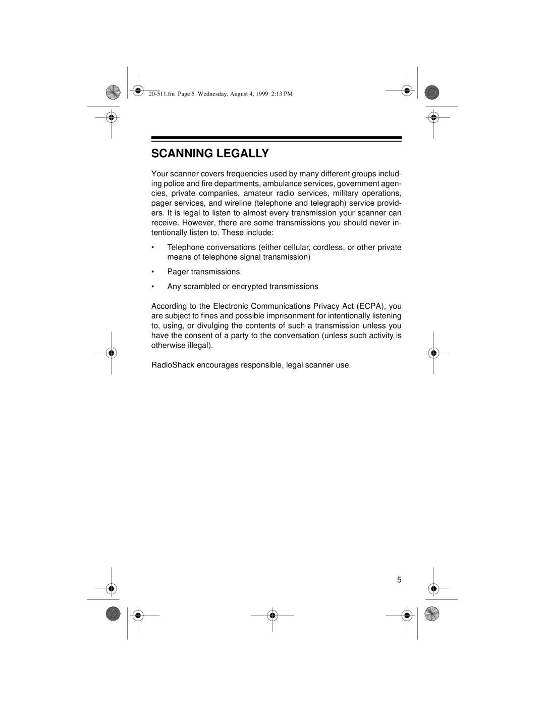 Radio Shack PRO-66 owner manual Scanning Legally 