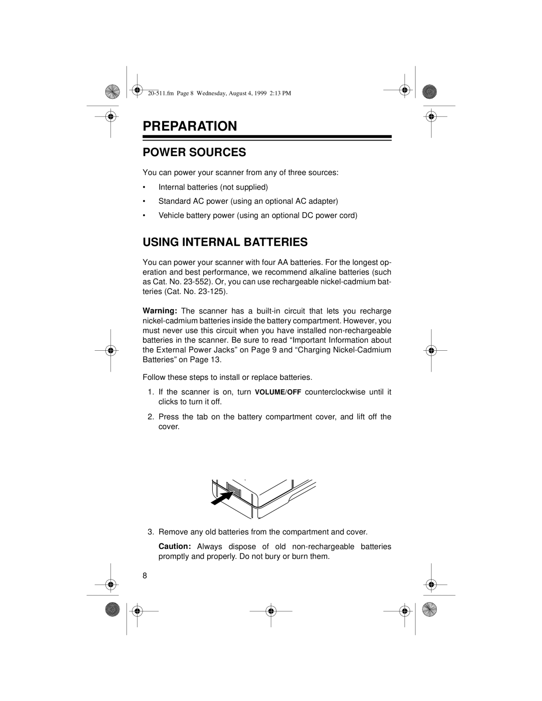 Radio Shack PRO-66 owner manual Preparation, Power Sources, Using Internal Batteries 