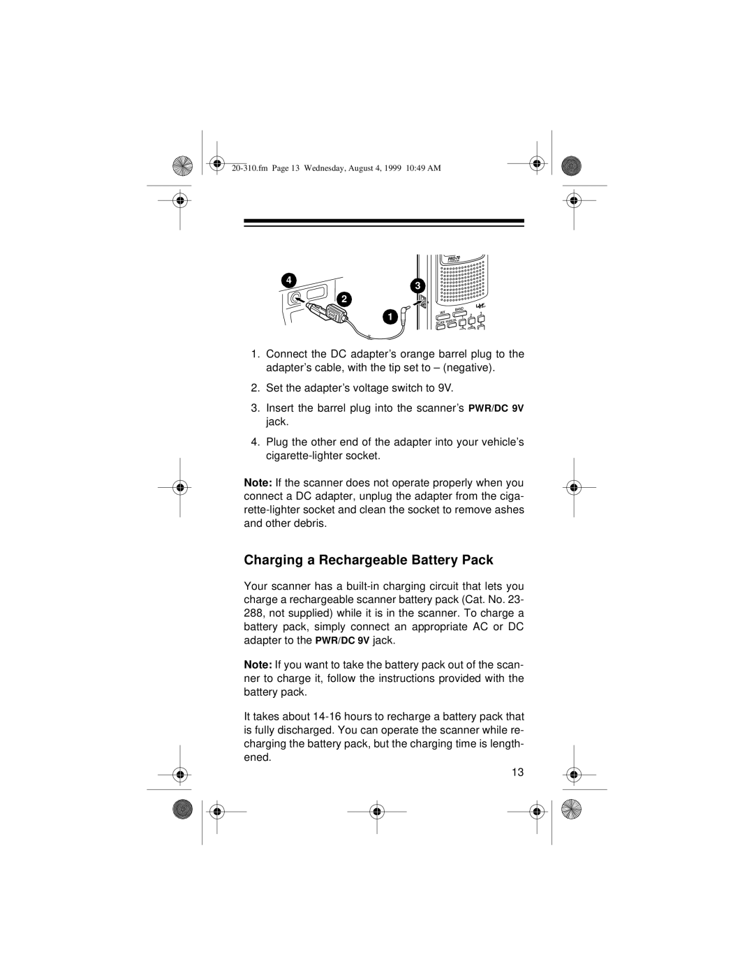 Radio Shack PRO-70 owner manual Charging a Rechargeable Battery Pack 