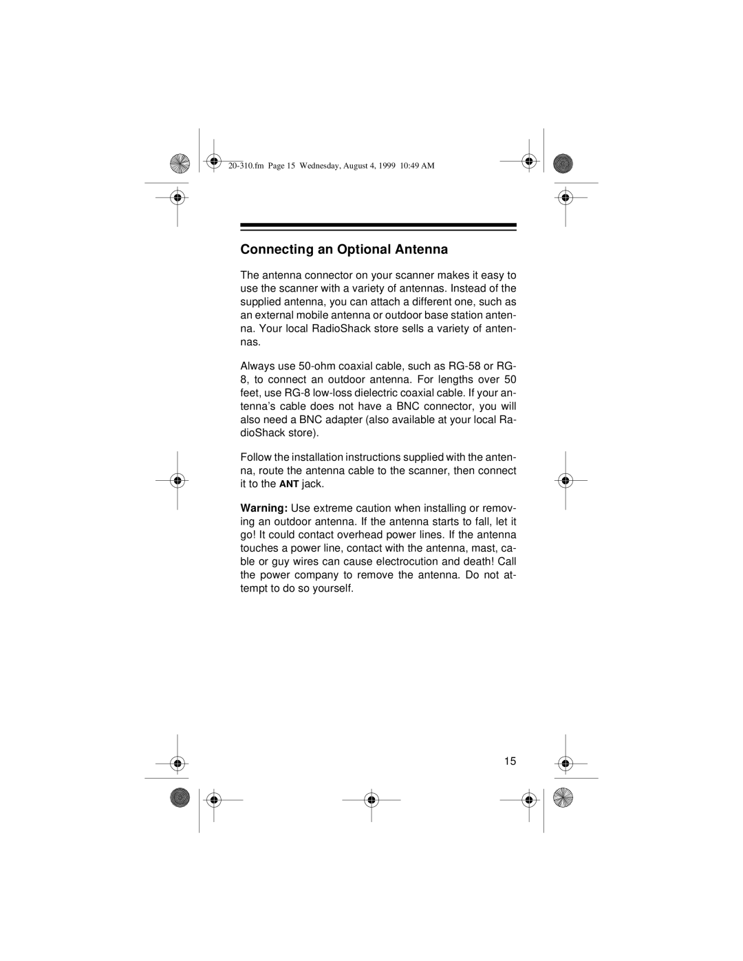 Radio Shack PRO-70 owner manual Connecting an Optional Antenna 