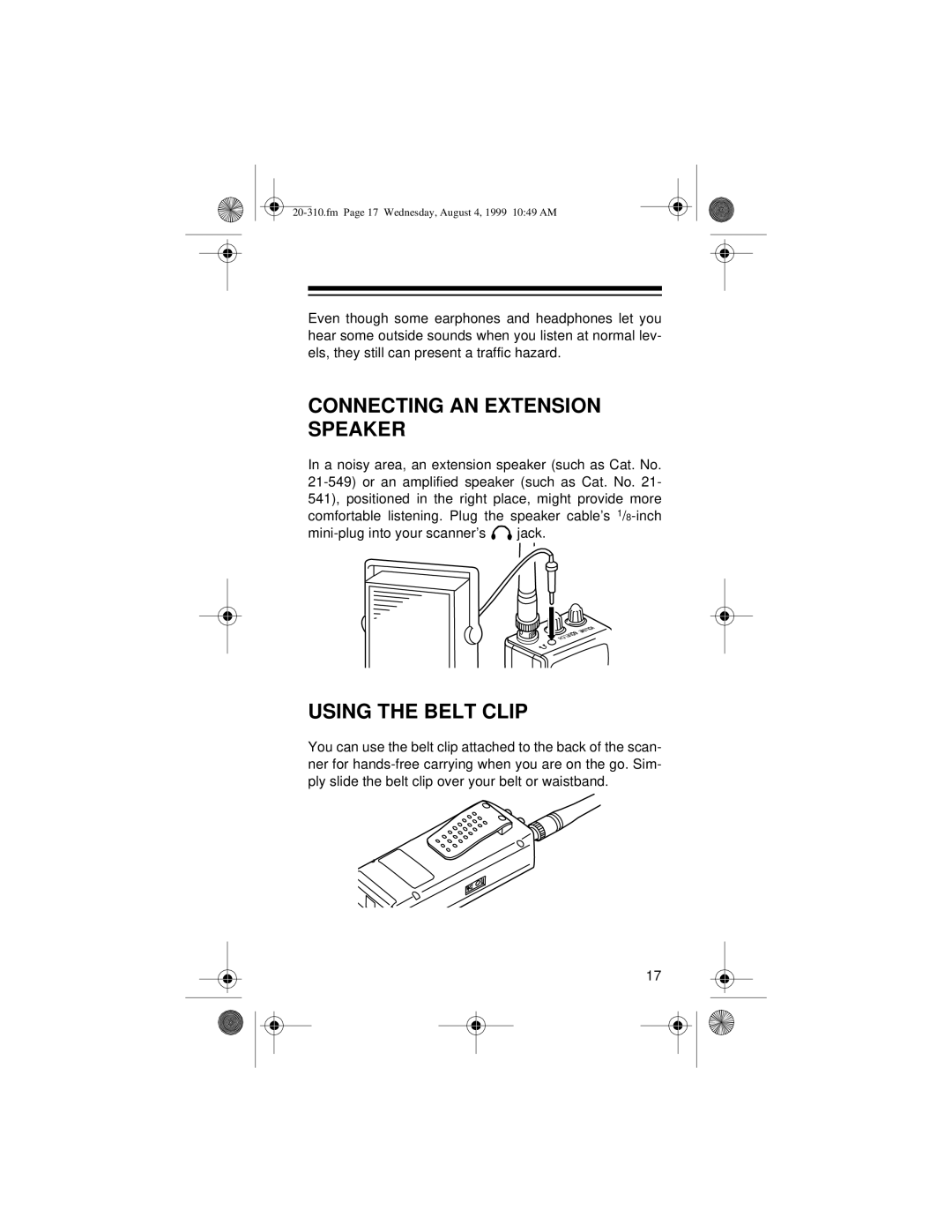 Radio Shack PRO-70 owner manual Connecting AN Extension Speaker, Using the Belt Clip 