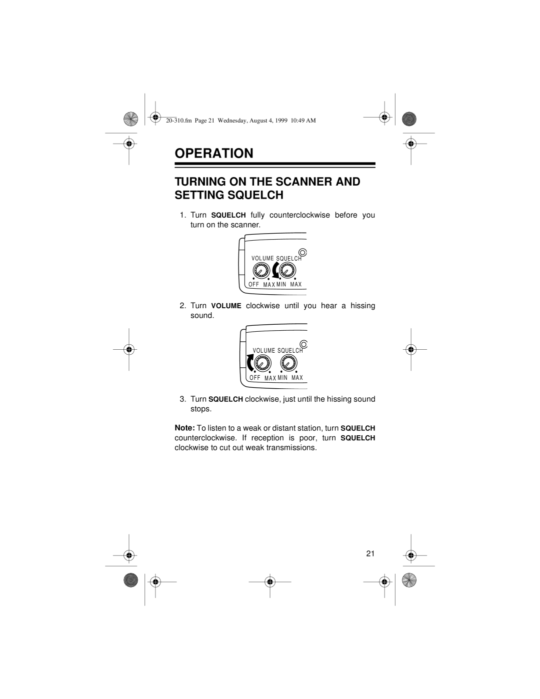 Radio Shack PRO-70 owner manual Operation, Turning on the Scanner and Setting Squelch 