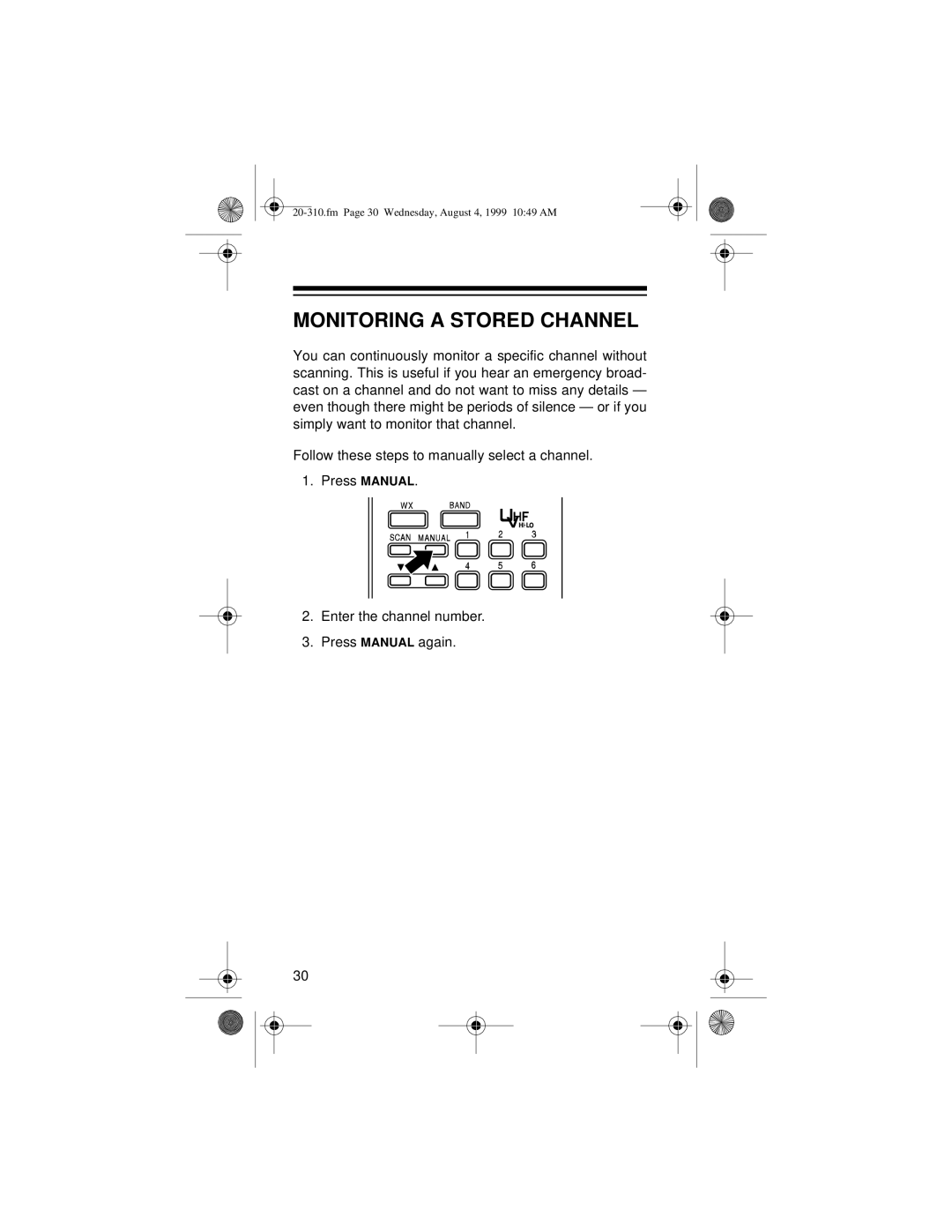 Radio Shack PRO-70 owner manual Monitoring a Stored Channel 