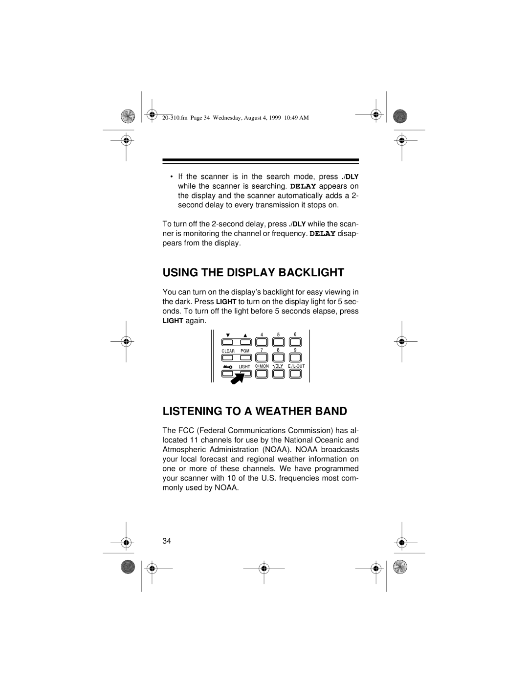 Radio Shack PRO-70 owner manual Using the Display Backlight, Listening to a Weather Band 