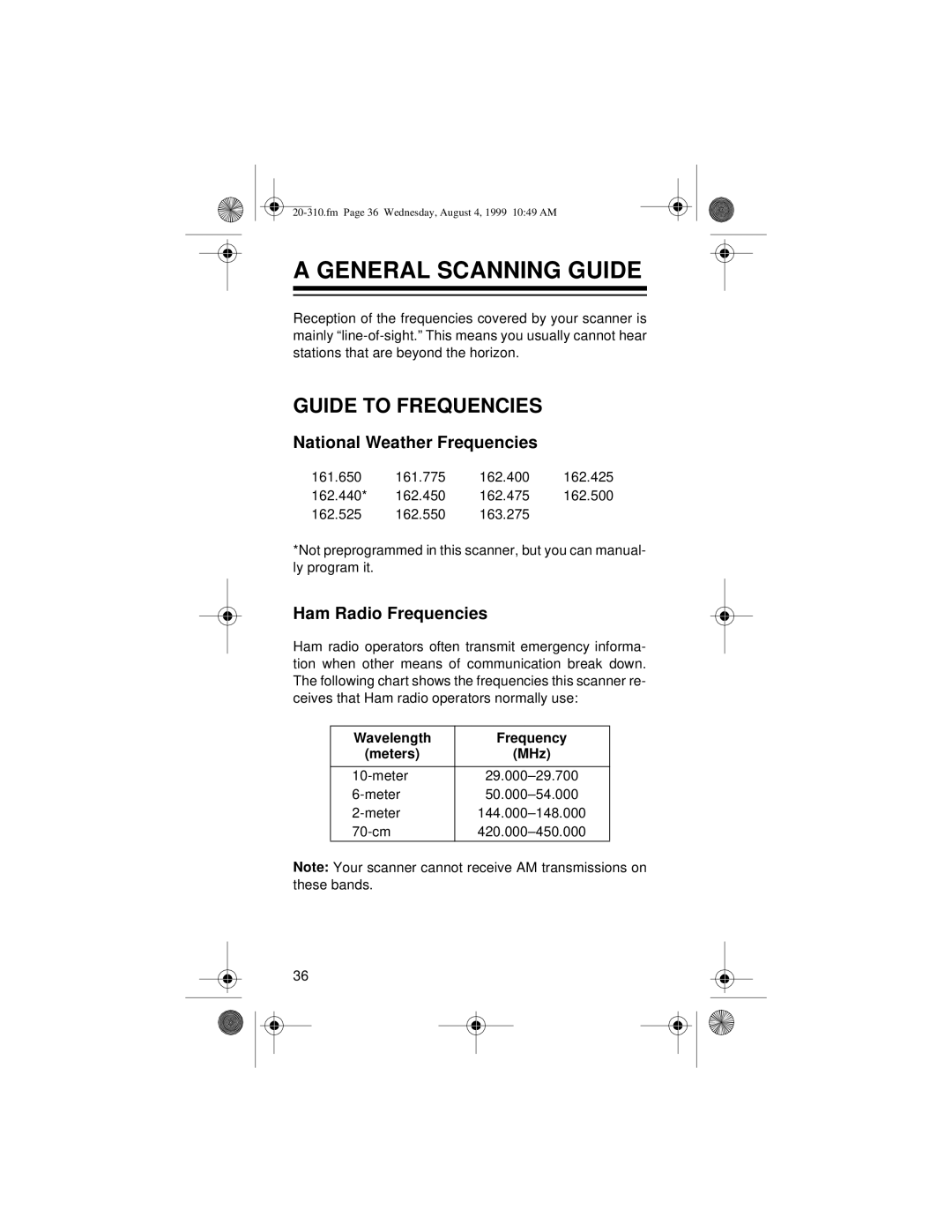 Radio Shack PRO-70 General Scanning Guide, Guide to Frequencies, National Weather Frequencies, Ham Radio Frequencies 