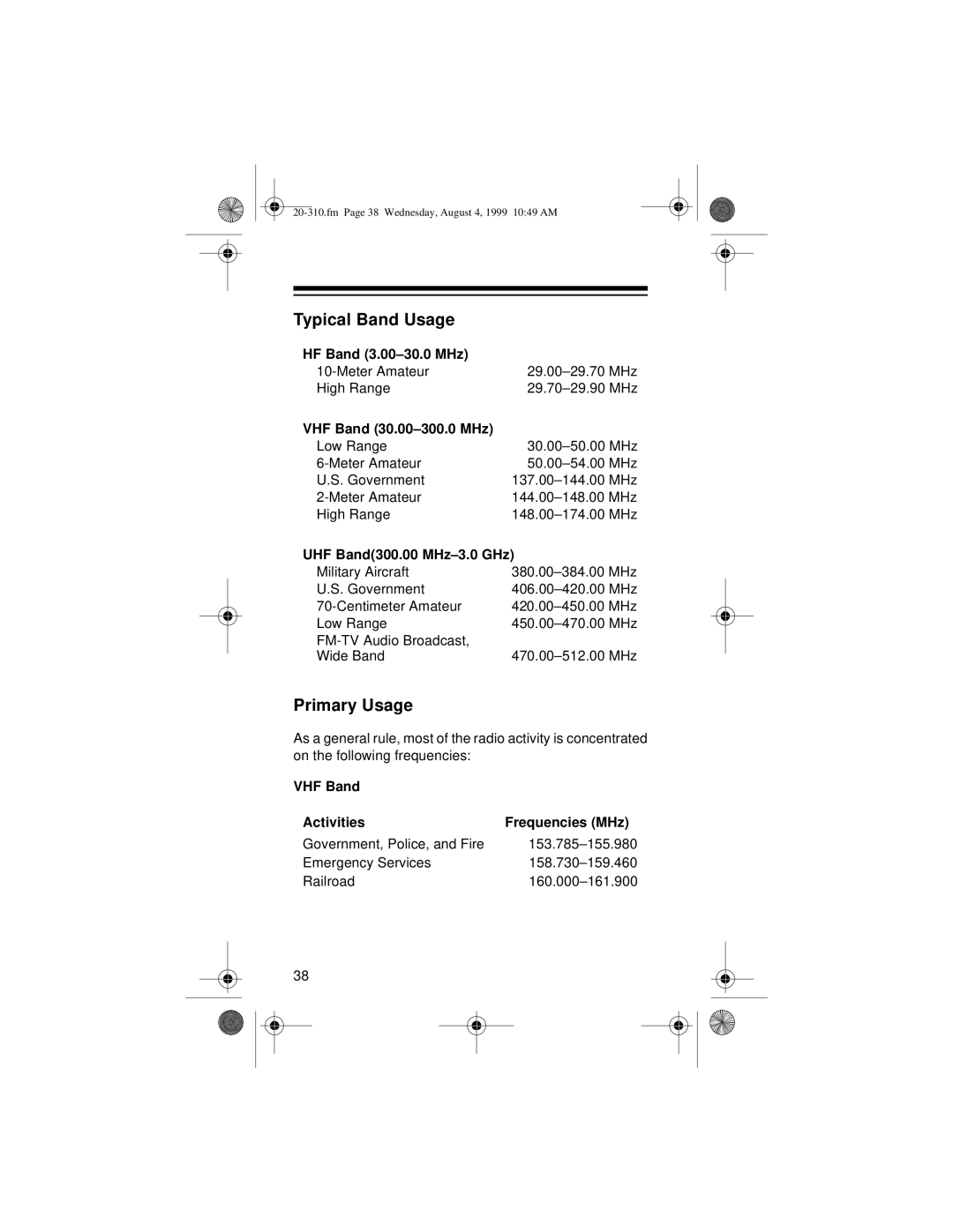 Radio Shack PRO-70 owner manual Typical Band Usage, Primary Usage 