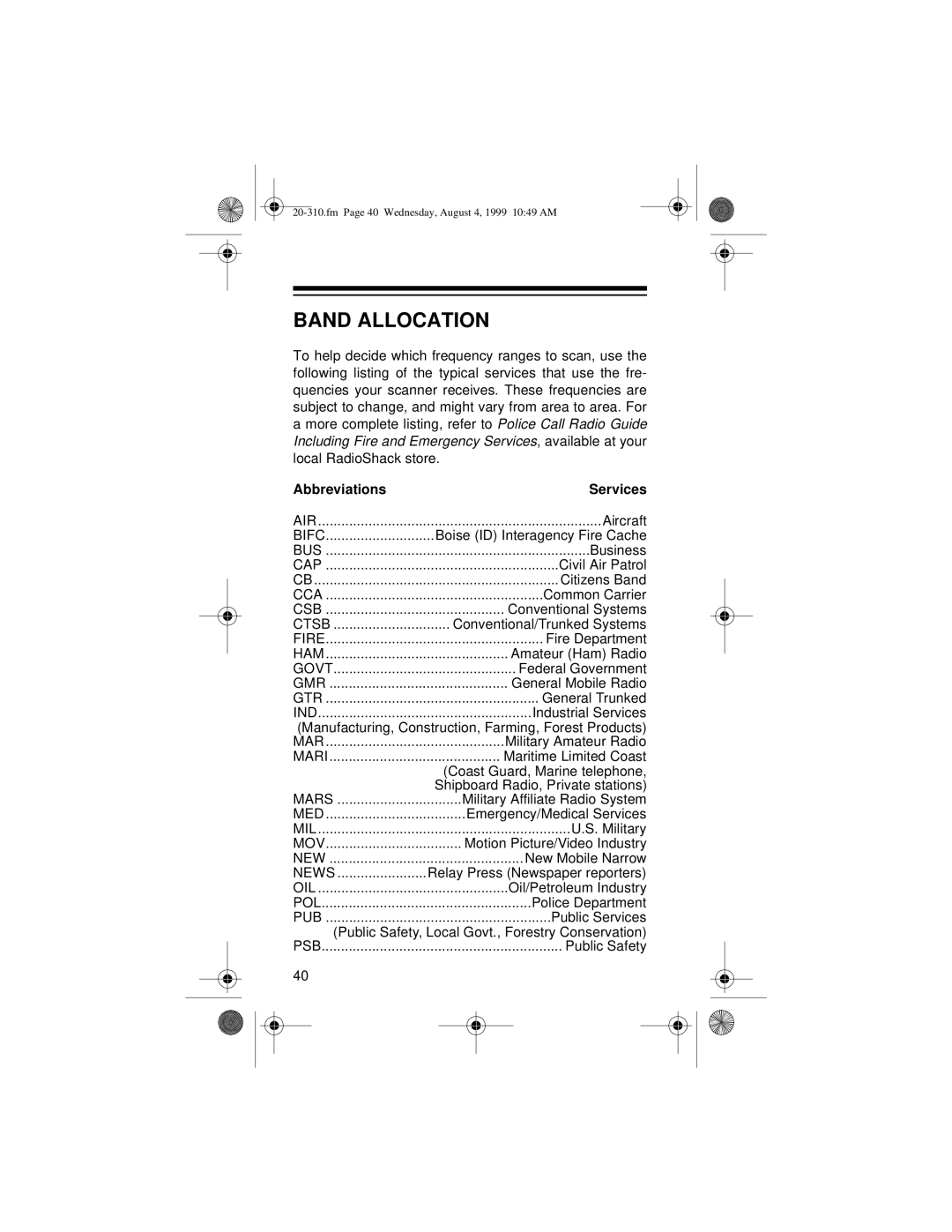 Radio Shack PRO-70 owner manual Band Allocation, Abbreviations Services 