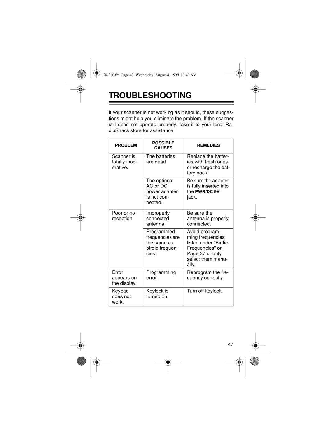 Radio Shack PRO-70 owner manual Troubleshooting, Error 