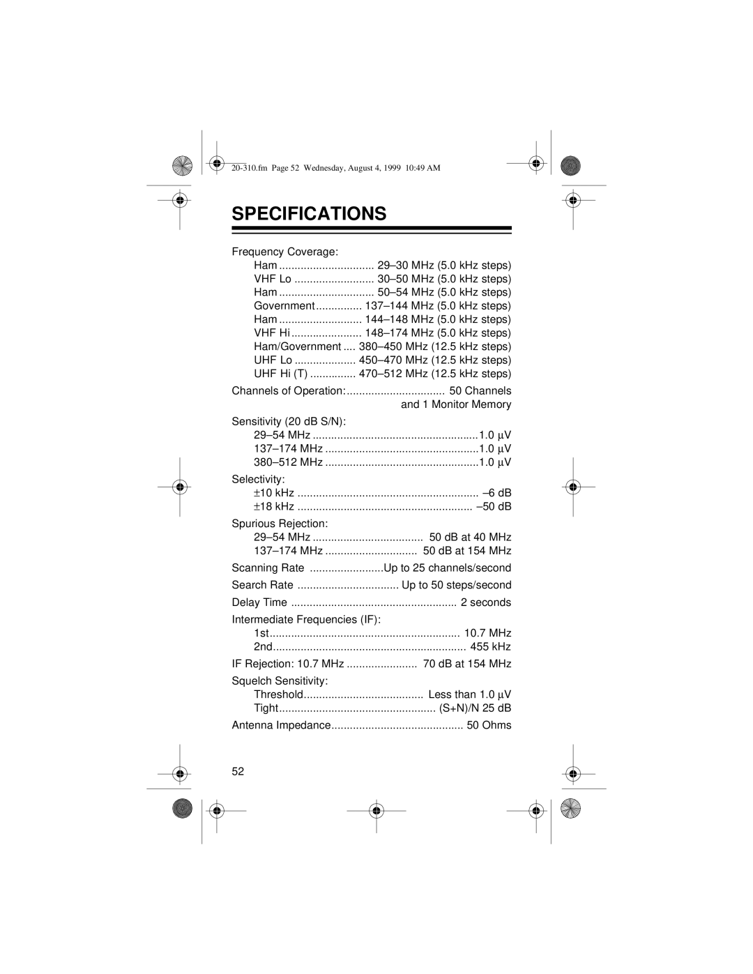 Radio Shack PRO-70 owner manual Specifications 