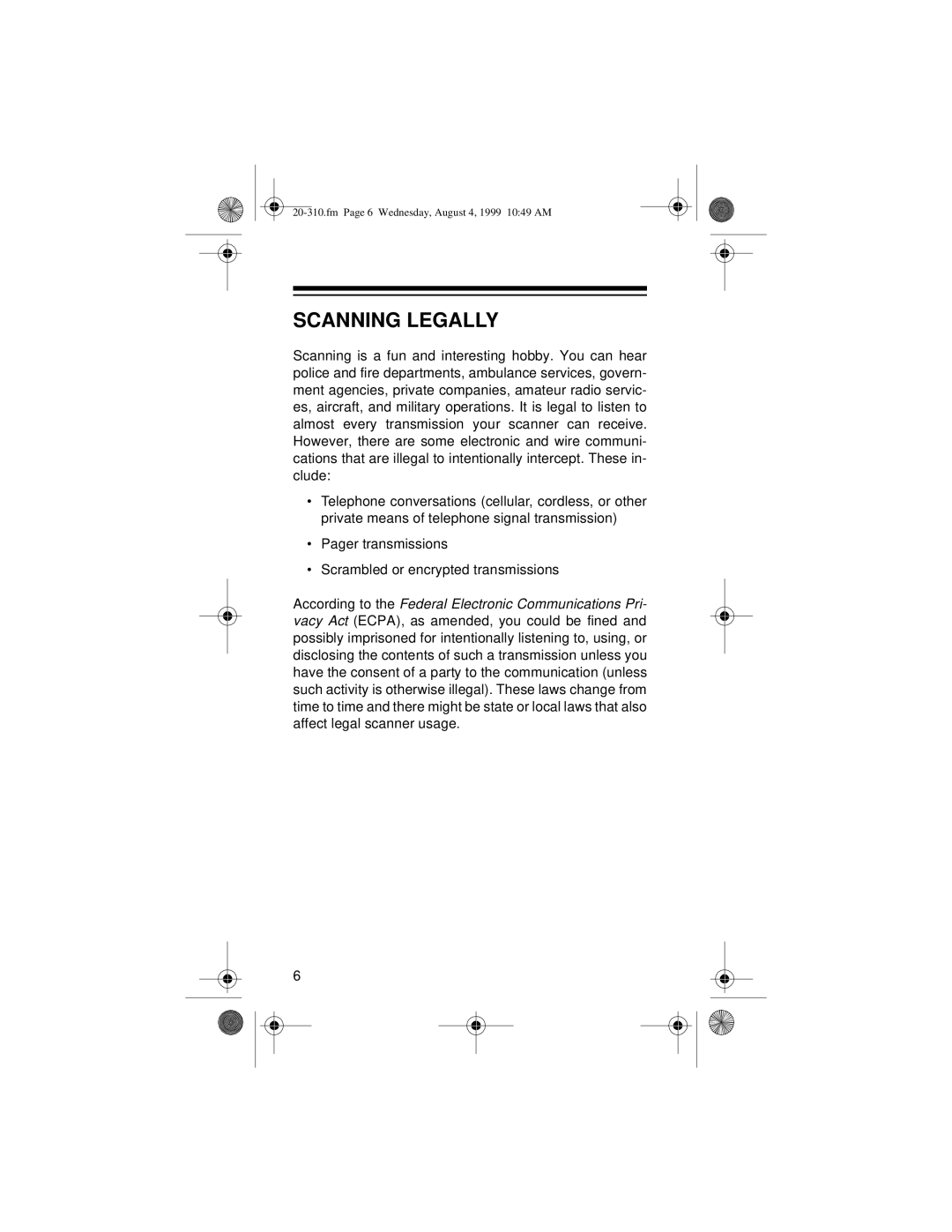 Radio Shack PRO-70 owner manual Scanning Legally, Pager transmissions Scrambled or encrypted transmissions 