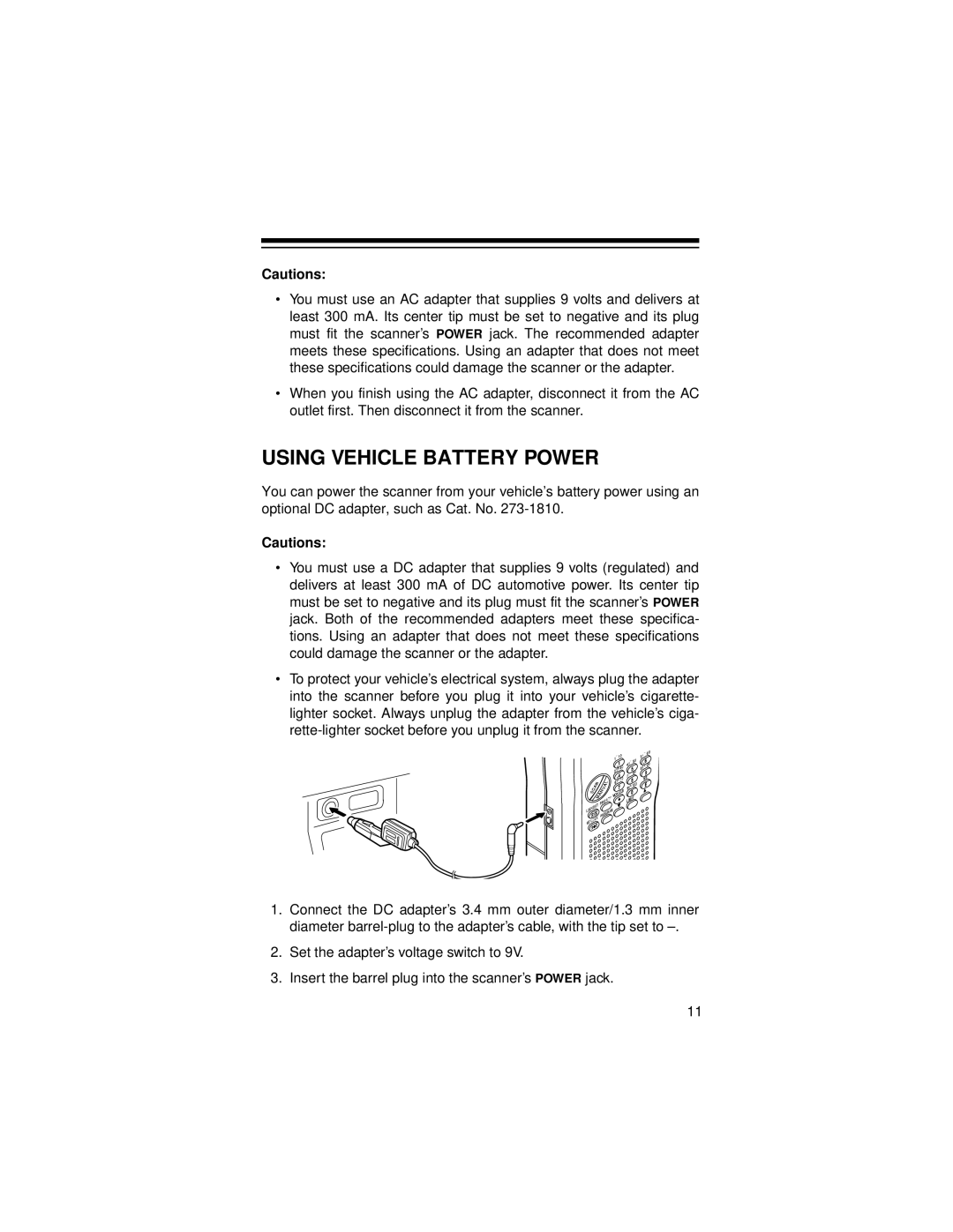 Radio Shack Pro-71 owner manual Using Vehicle Battery Power 