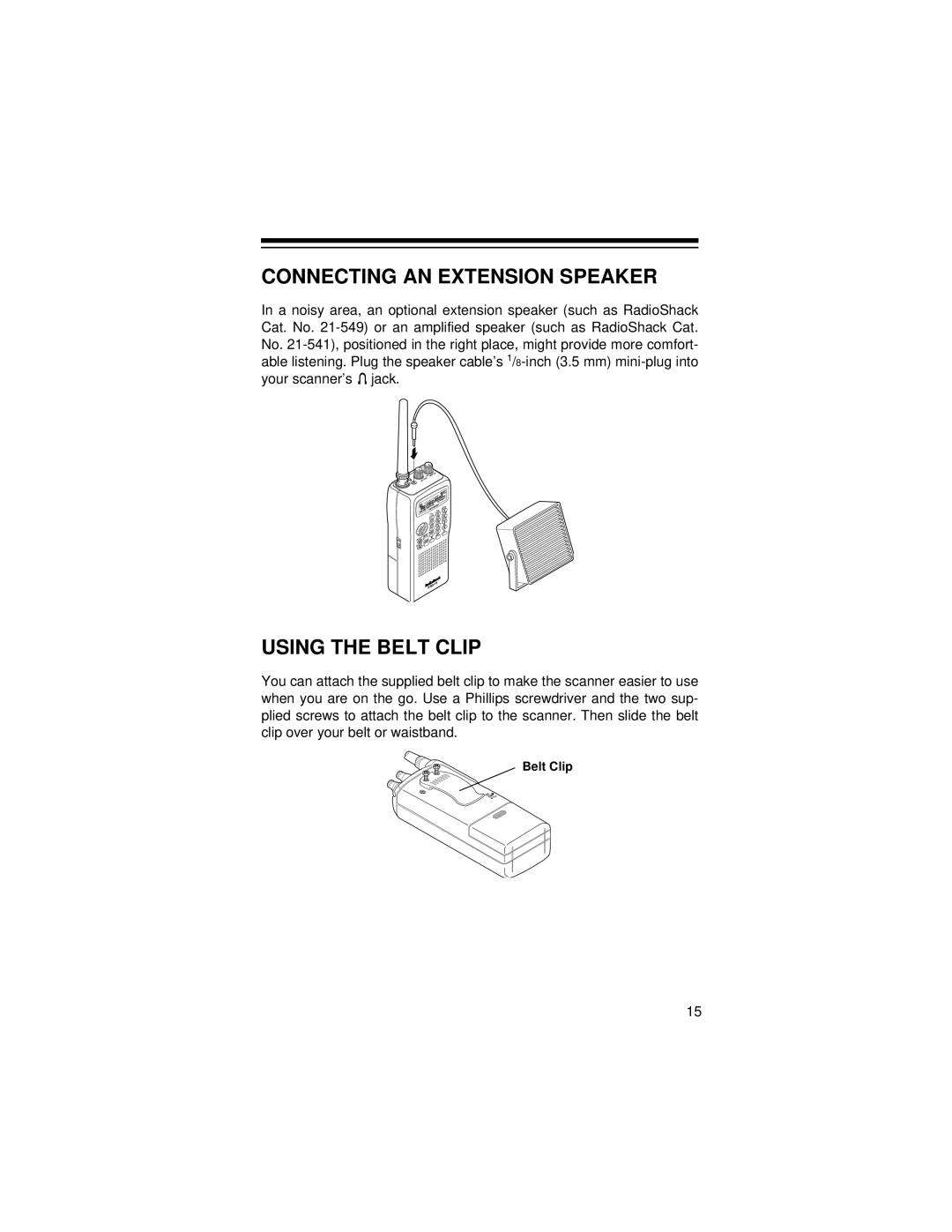 Radio Shack Pro-71 owner manual Connecting AN Extension Speaker, Using the Belt Clip 