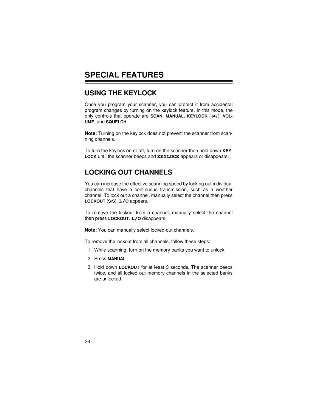 Radio Shack Pro-71 owner manual Special Features, Using the Keylock, Locking OUT Channels 