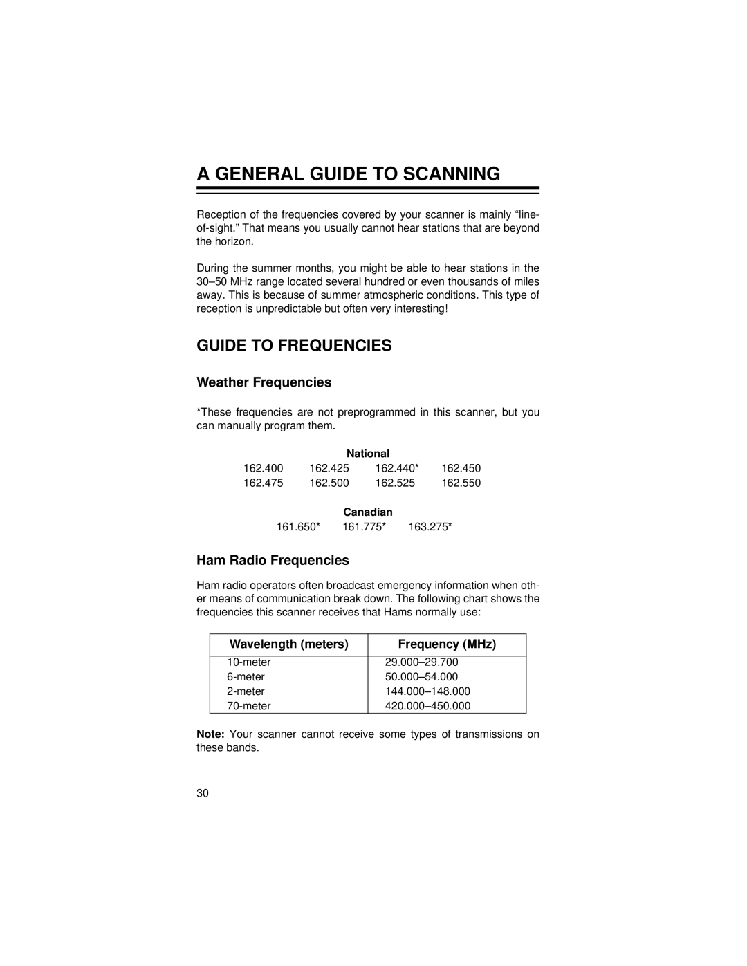 Radio Shack Pro-71 owner manual General Guide to Scanning, Guide to Frequencies, Weather Frequencies, Ham Radio Frequencies 