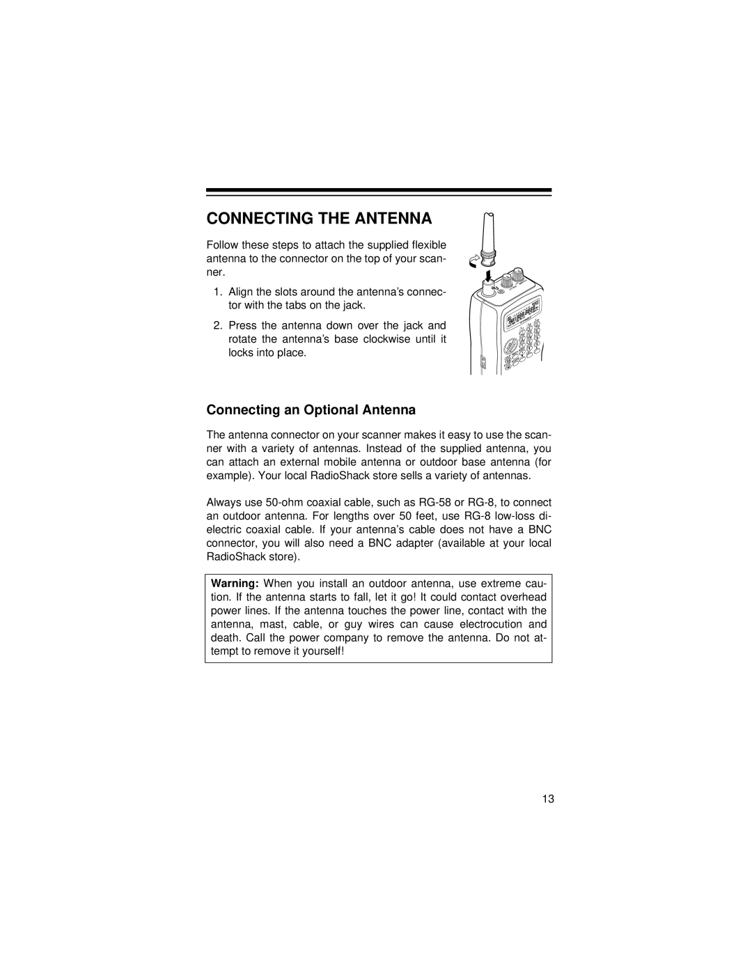 Radio Shack Pro-71 owner manual Connecting the Antenna, Connecting an Optional Antenna 