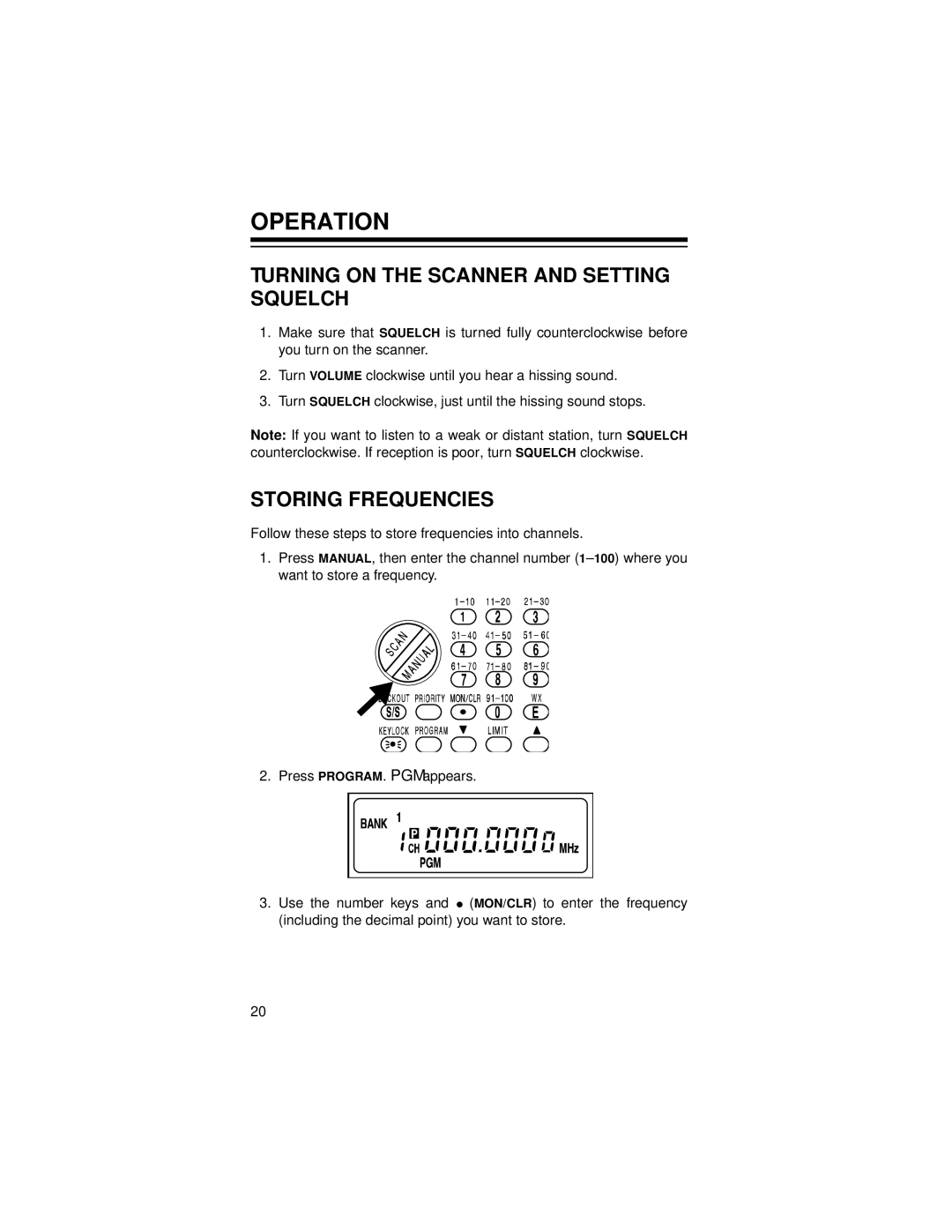 Radio Shack Pro-71 owner manual Operation, Turning on the Scanner and Setting Squelch, Storing Frequencies 