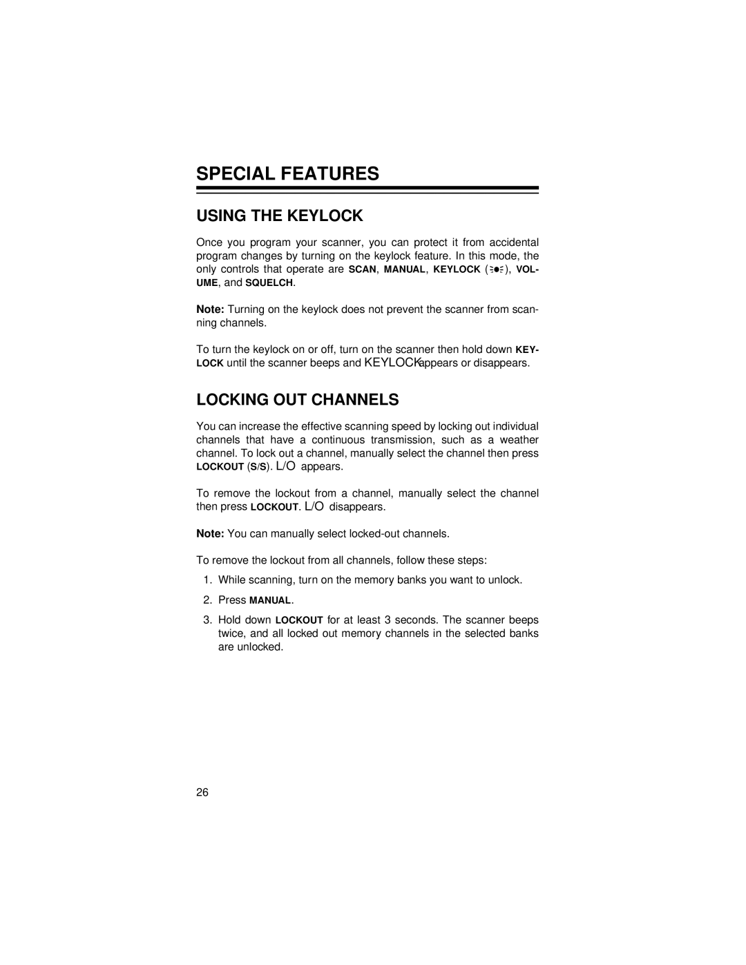 Radio Shack Pro-71 owner manual Special Features, Using the Keylock, Locking OUT Channels 