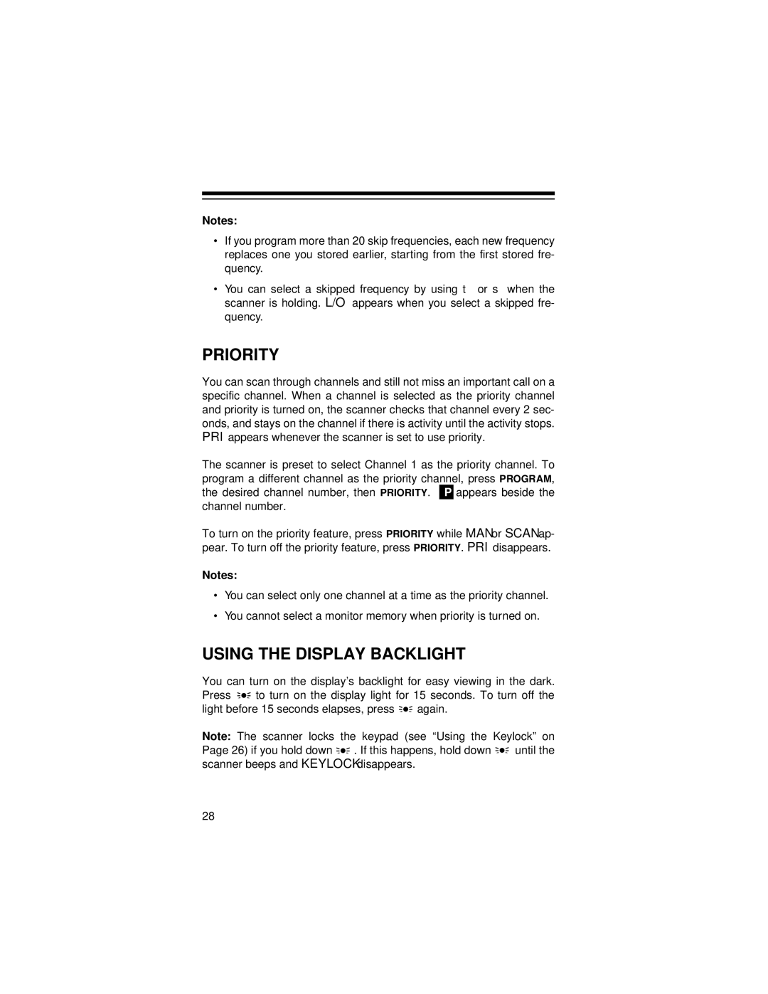 Radio Shack Pro-71 owner manual Priority, Using the Display Backlight 