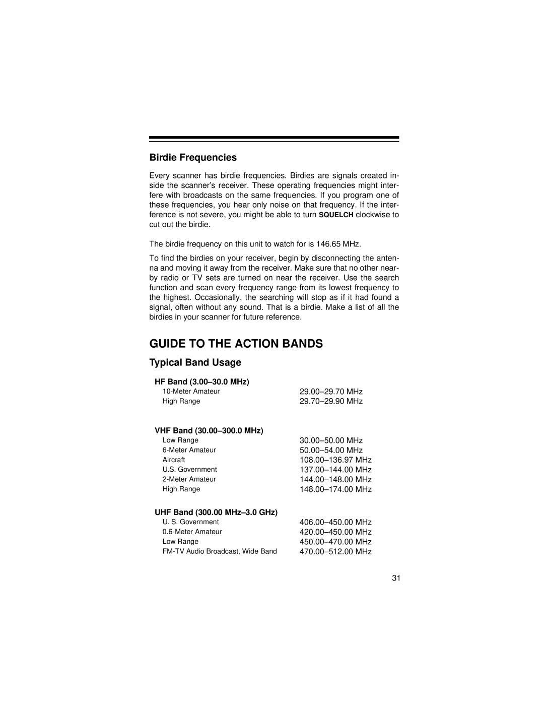 Radio Shack Pro-71 owner manual Guide to the Action Bands, Birdie Frequencies, Typical Band Usage 