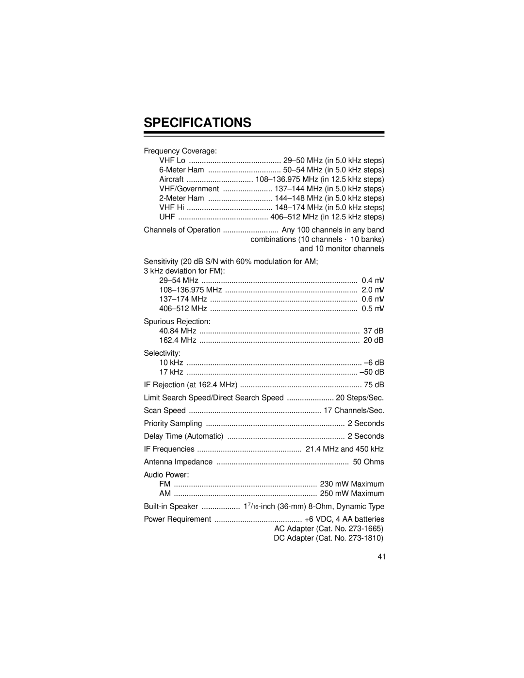 Radio Shack Pro-71 owner manual Specifications 