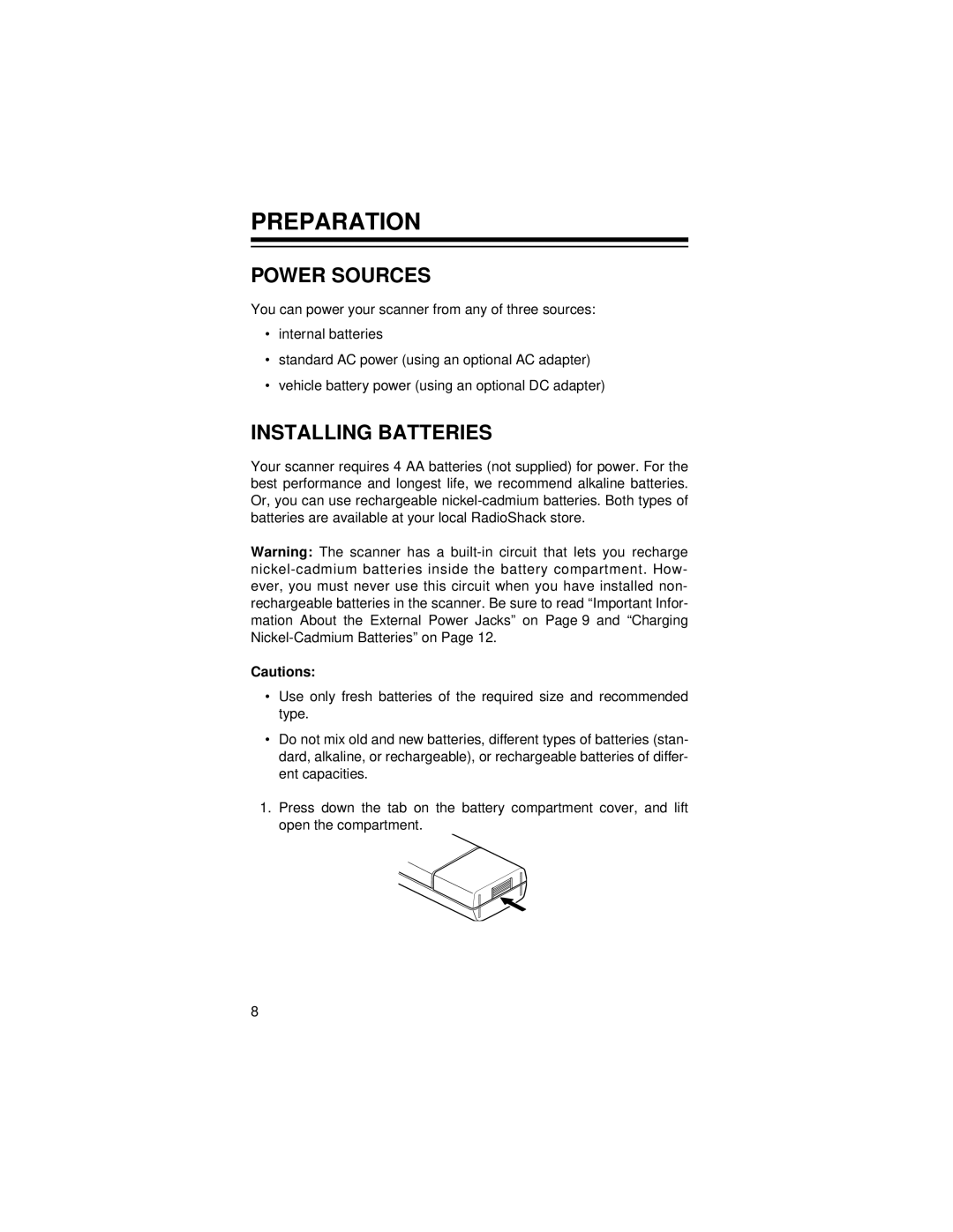 Radio Shack Pro-71 owner manual Preparation, Power Sources, Installing Batteries 