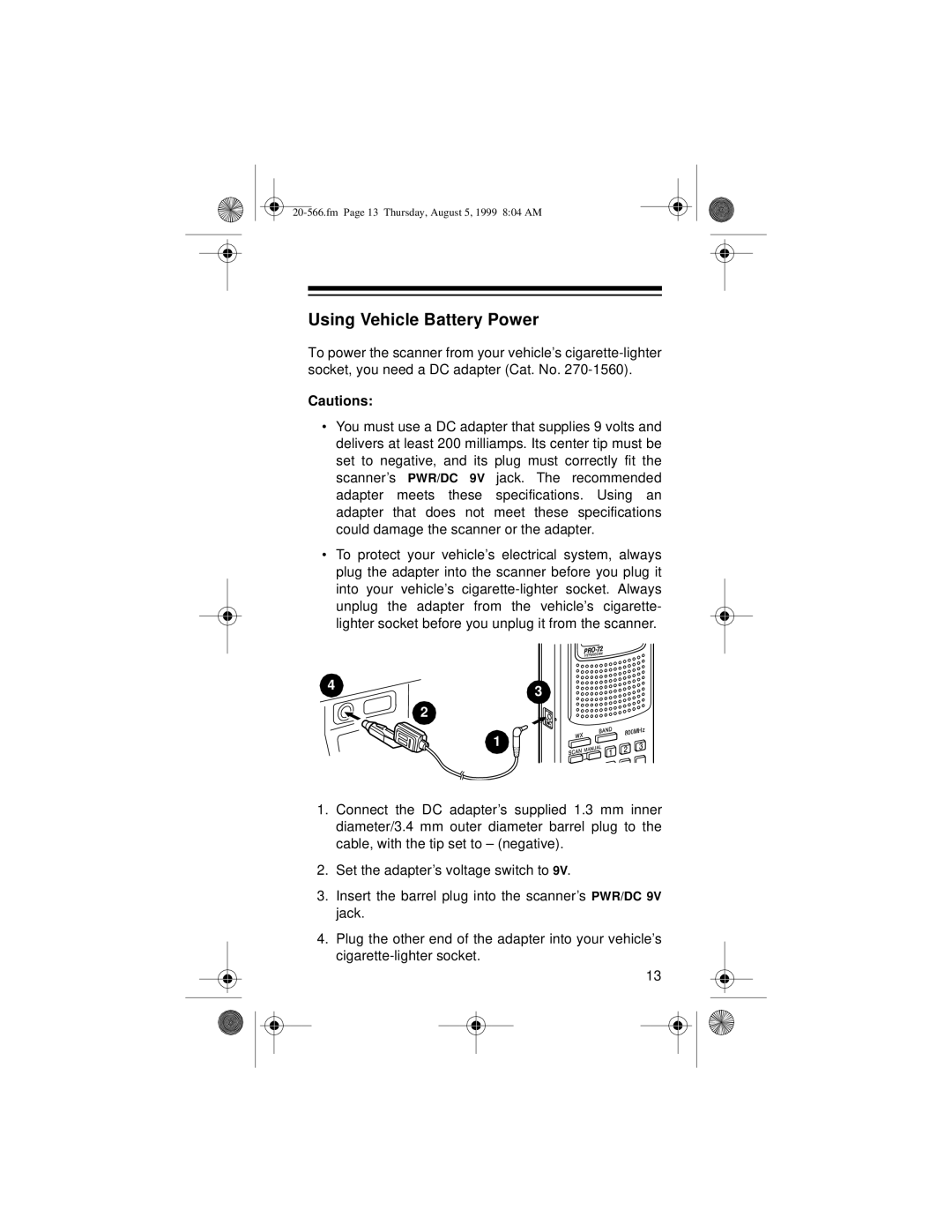 Radio Shack PRO-72 owner manual Using Vehicle Battery Power 