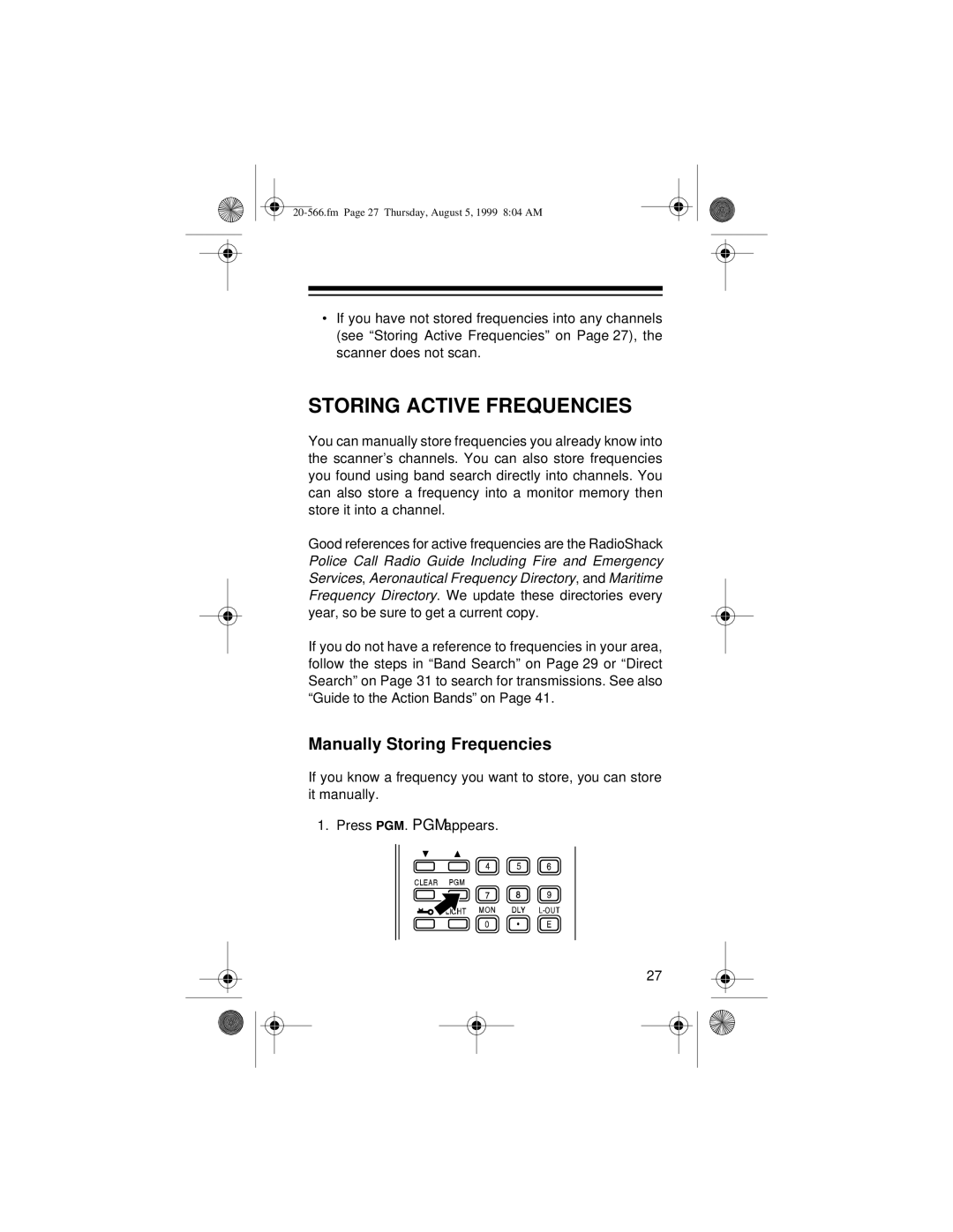 Radio Shack PRO-72 owner manual Storing Active Frequencies, Manually Storing Frequencies 