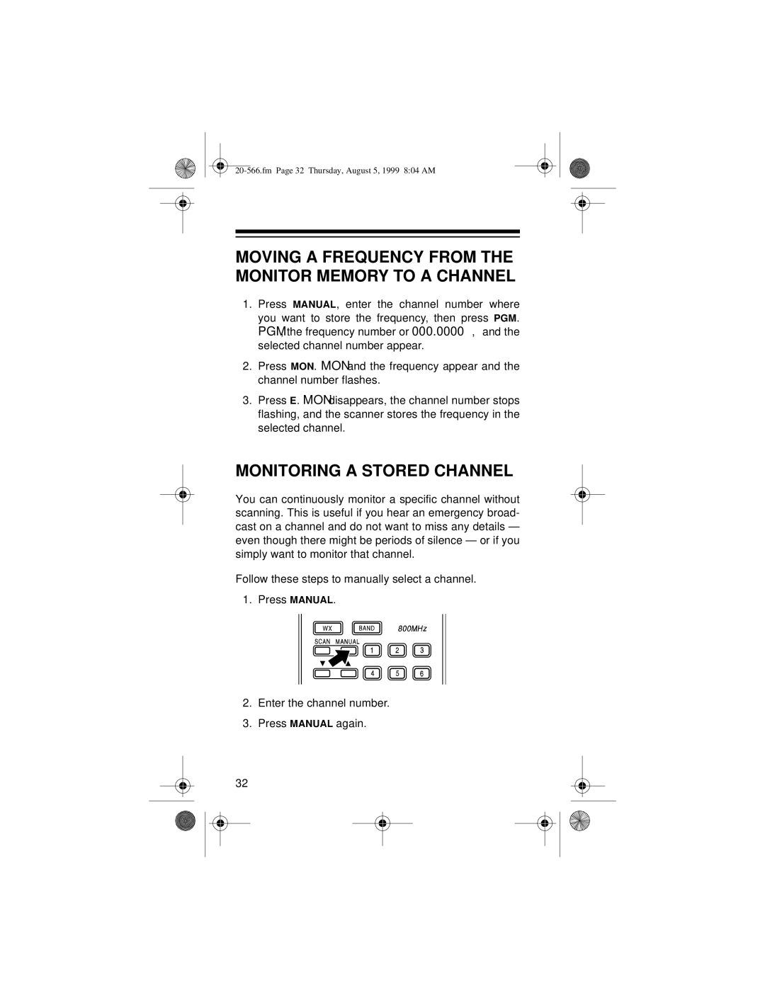 Radio Shack PRO-72 owner manual Moving a Frequency from the Monitor Memory to a Channel, Monitoring a Stored Channel 