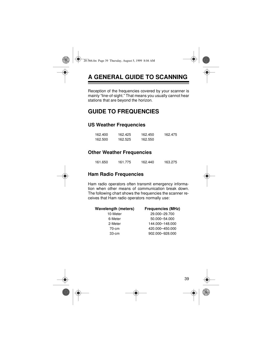 Radio Shack PRO-72 Guide to Frequencies, US Weather Frequencies, Other Weather Frequencies, Ham Radio Frequencies 