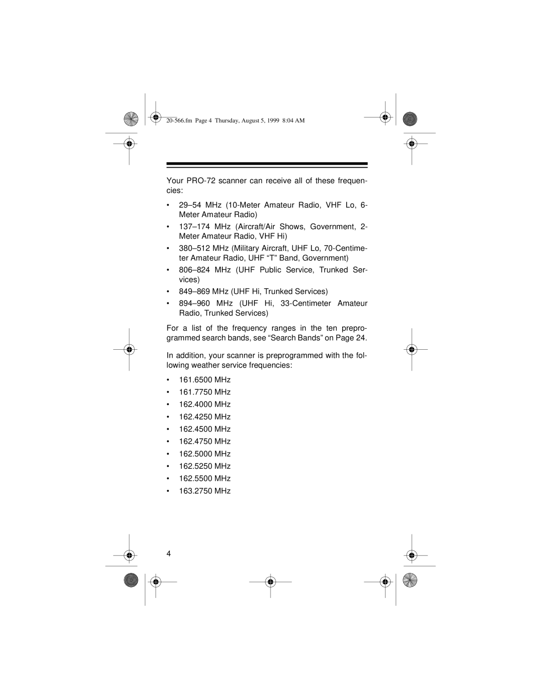 Radio Shack PRO-72 owner manual Fm Page 4 Thursday, August 5, 1999 804 AM 