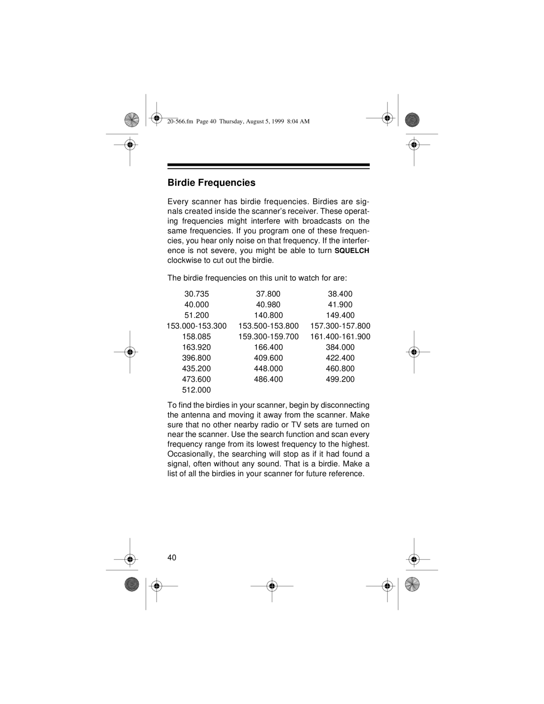 Radio Shack PRO-72 owner manual Birdie Frequencies, 486.400 499.200 