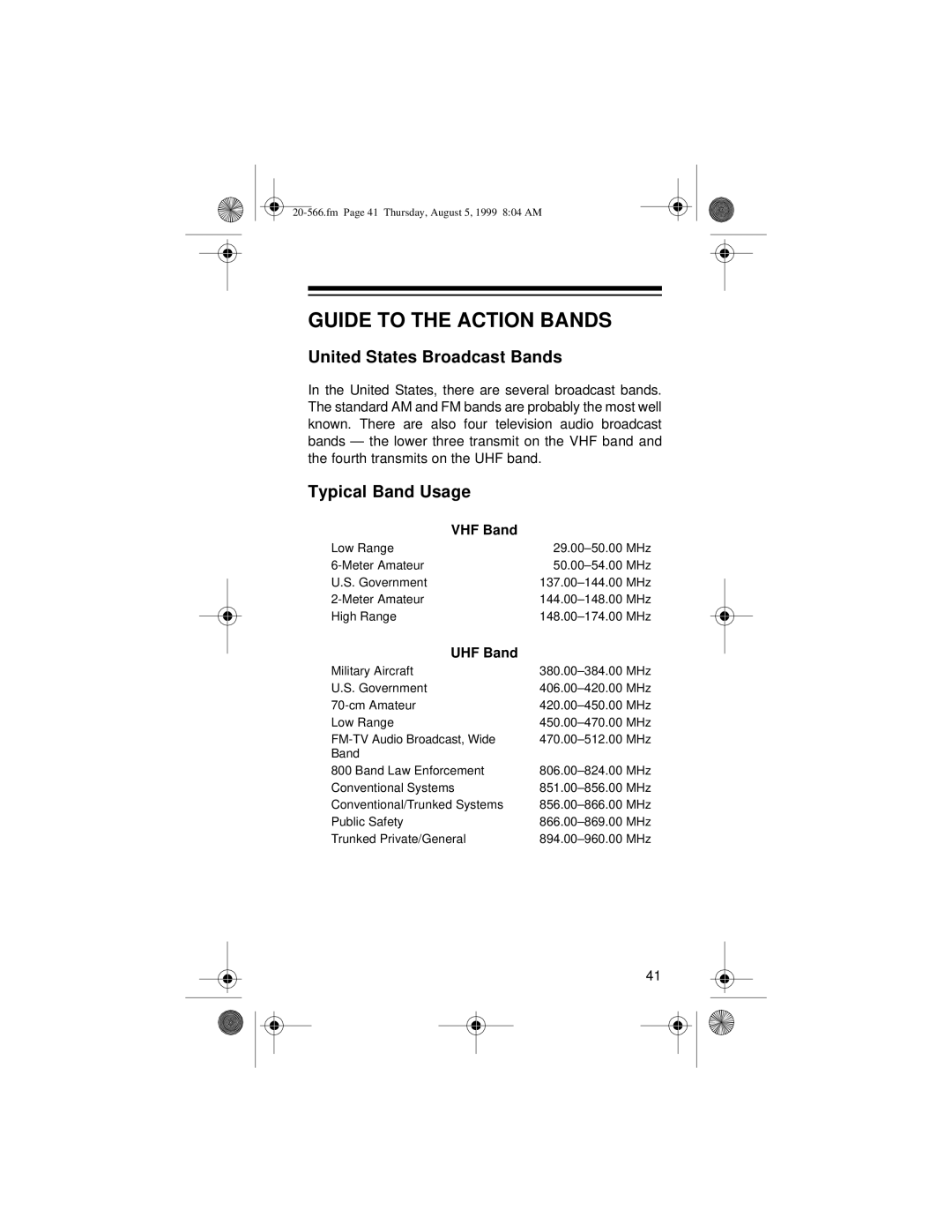 Radio Shack PRO-72 Guide to the Action Bands, United States Broadcast Bands, Typical Band Usage, VHF Band, UHF Band 