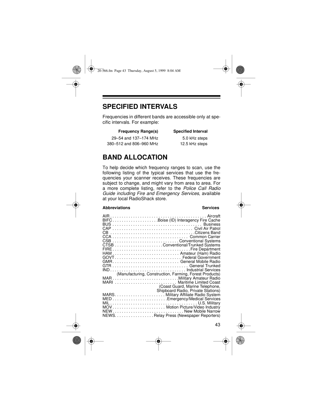 Radio Shack PRO-72 owner manual Specified Intervals, Band Allocation 