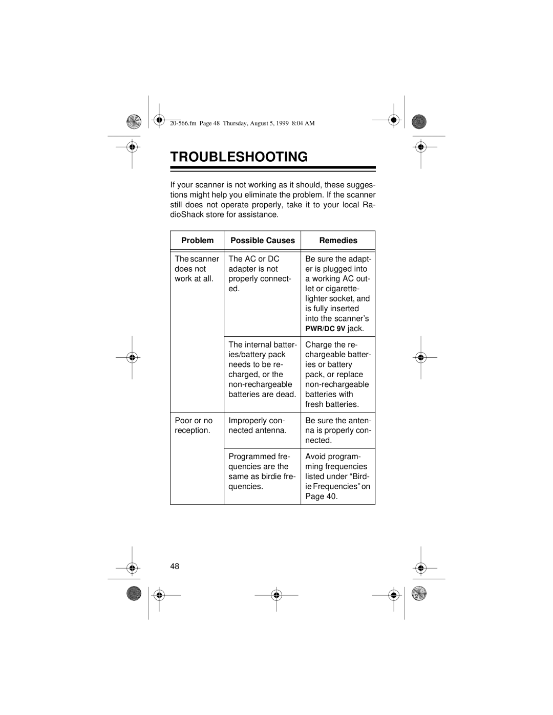 Radio Shack PRO-72 owner manual Troubleshooting, Problem Possible Causes Remedies 