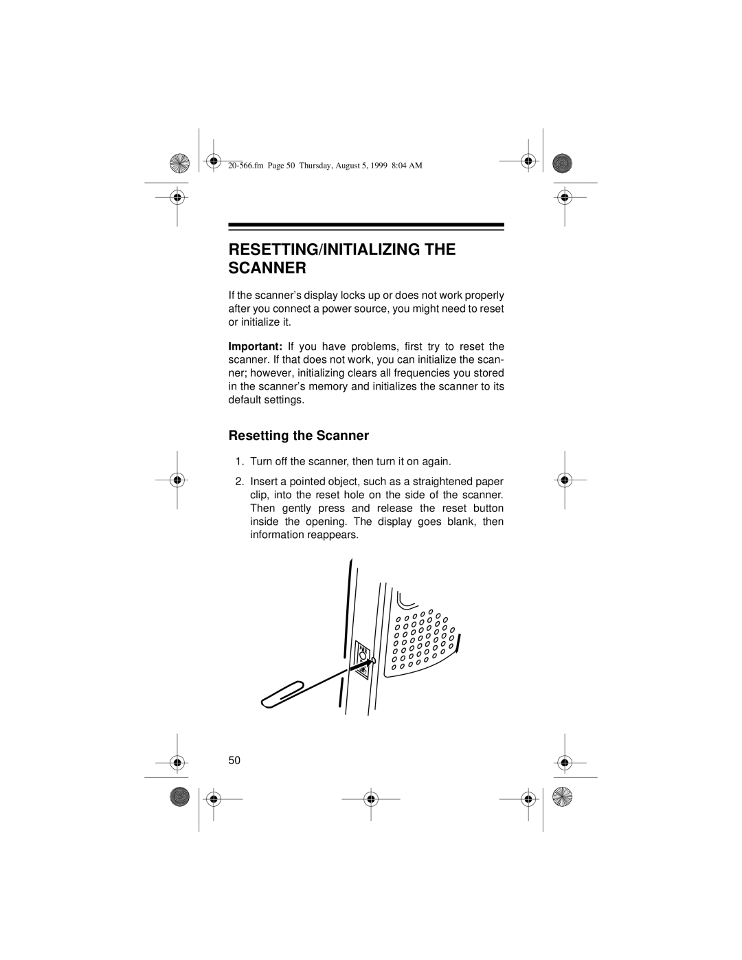 Radio Shack PRO-72 owner manual RESETTING/INITIALIZING the Scanner, Resetting the Scanner 