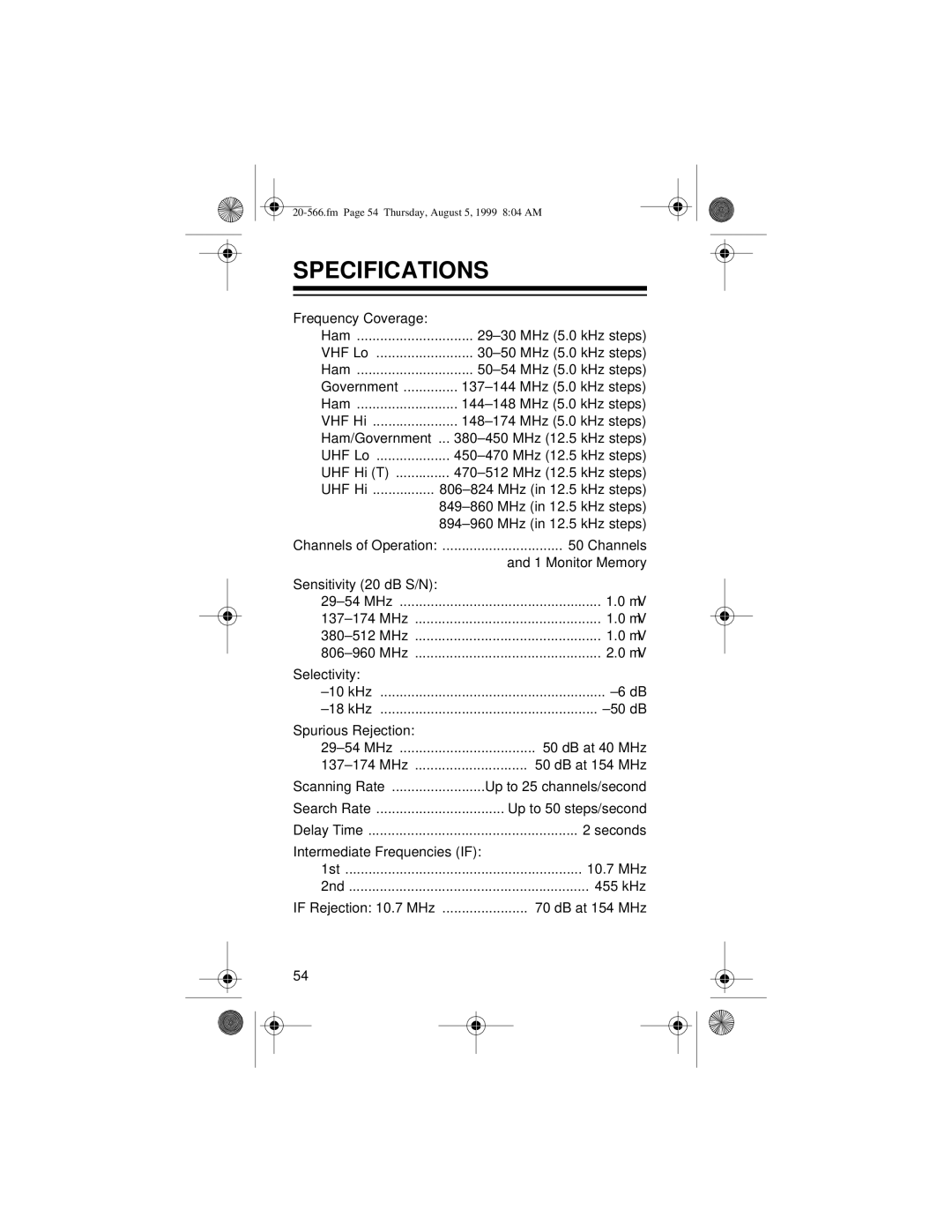 Radio Shack PRO-72 owner manual Specifications 