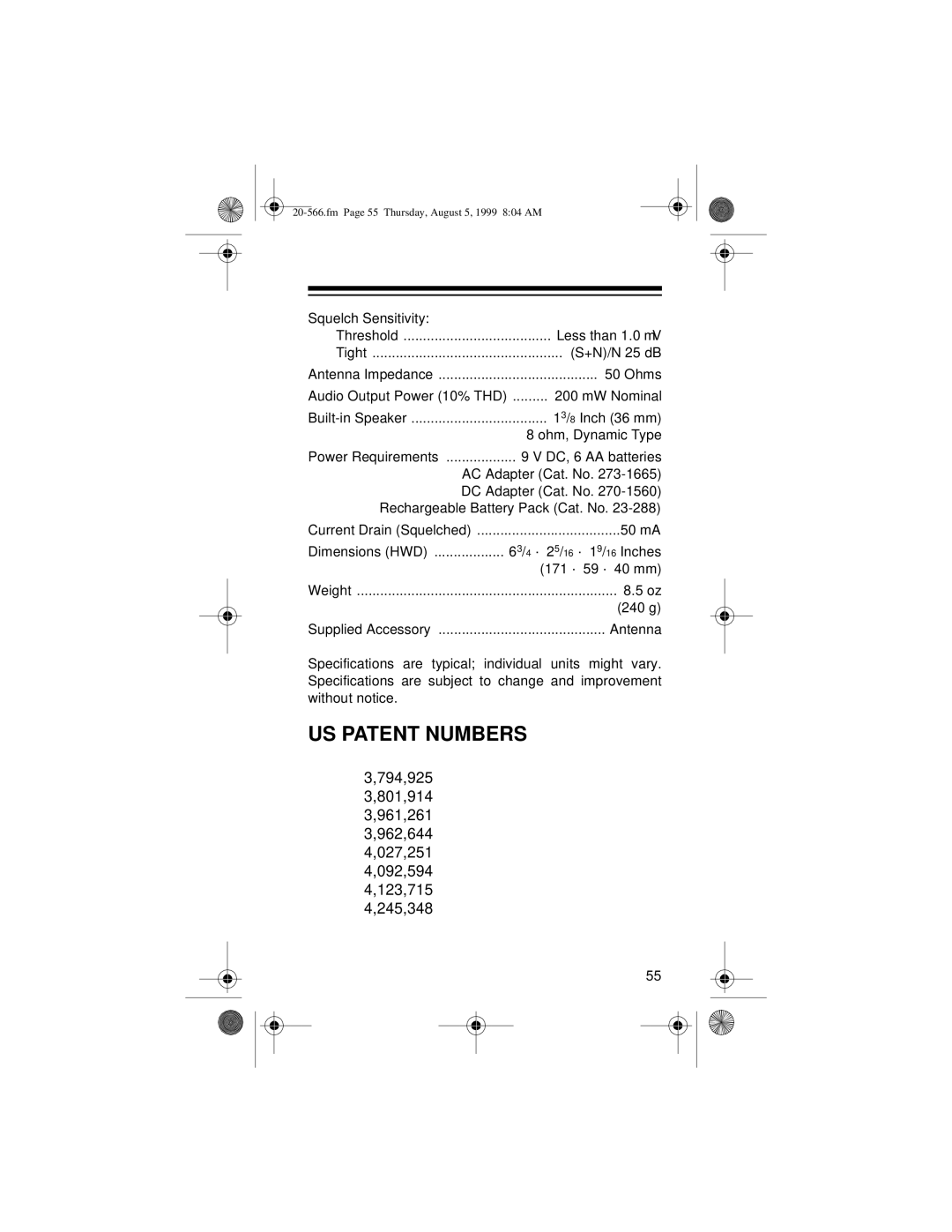 Radio Shack PRO-72 owner manual US Patent Numbers 